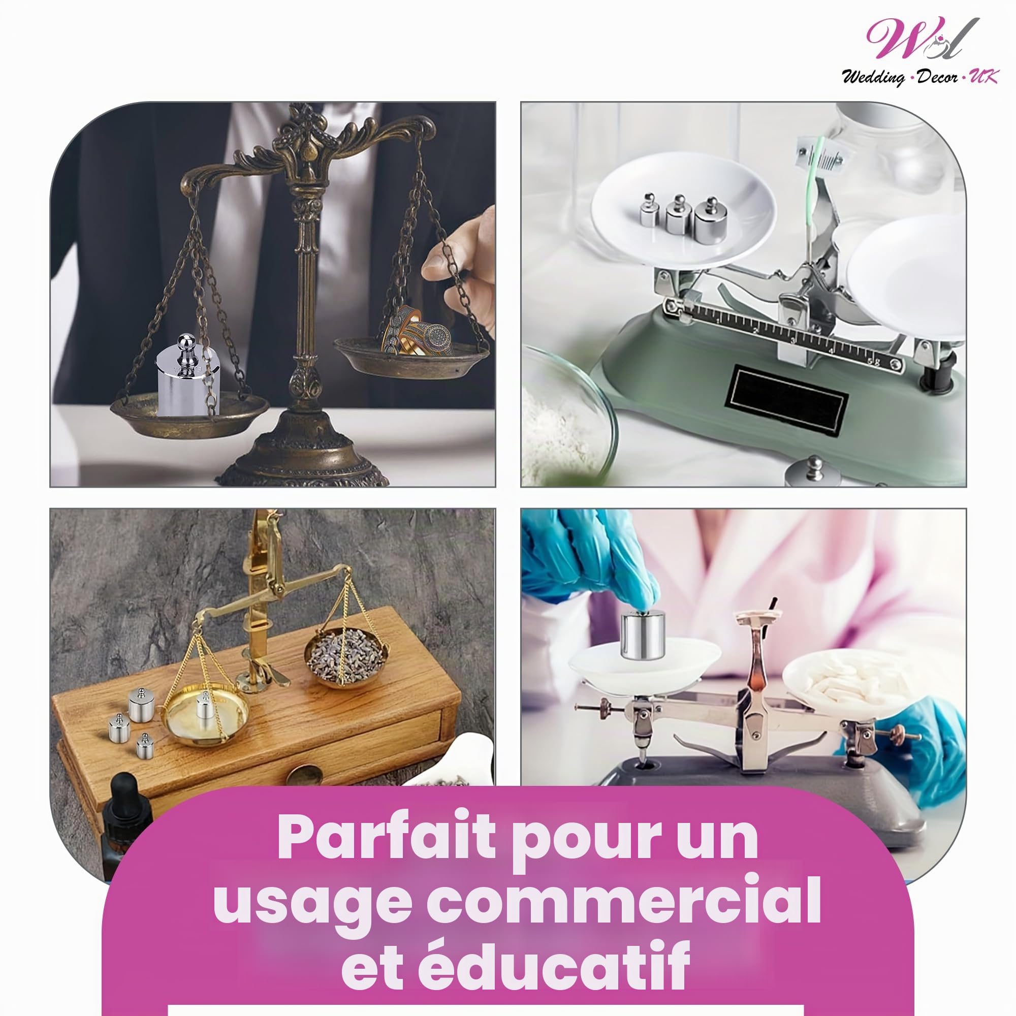WedDecor 500g, Ensemble de 7 Poids de Calibration en Acier Inoxydable avec Pinces pour Balance Numérique, Balance de Poche, Bijoux, Cuisine et Laboratoire – Poids de Calibration Précis Chromé