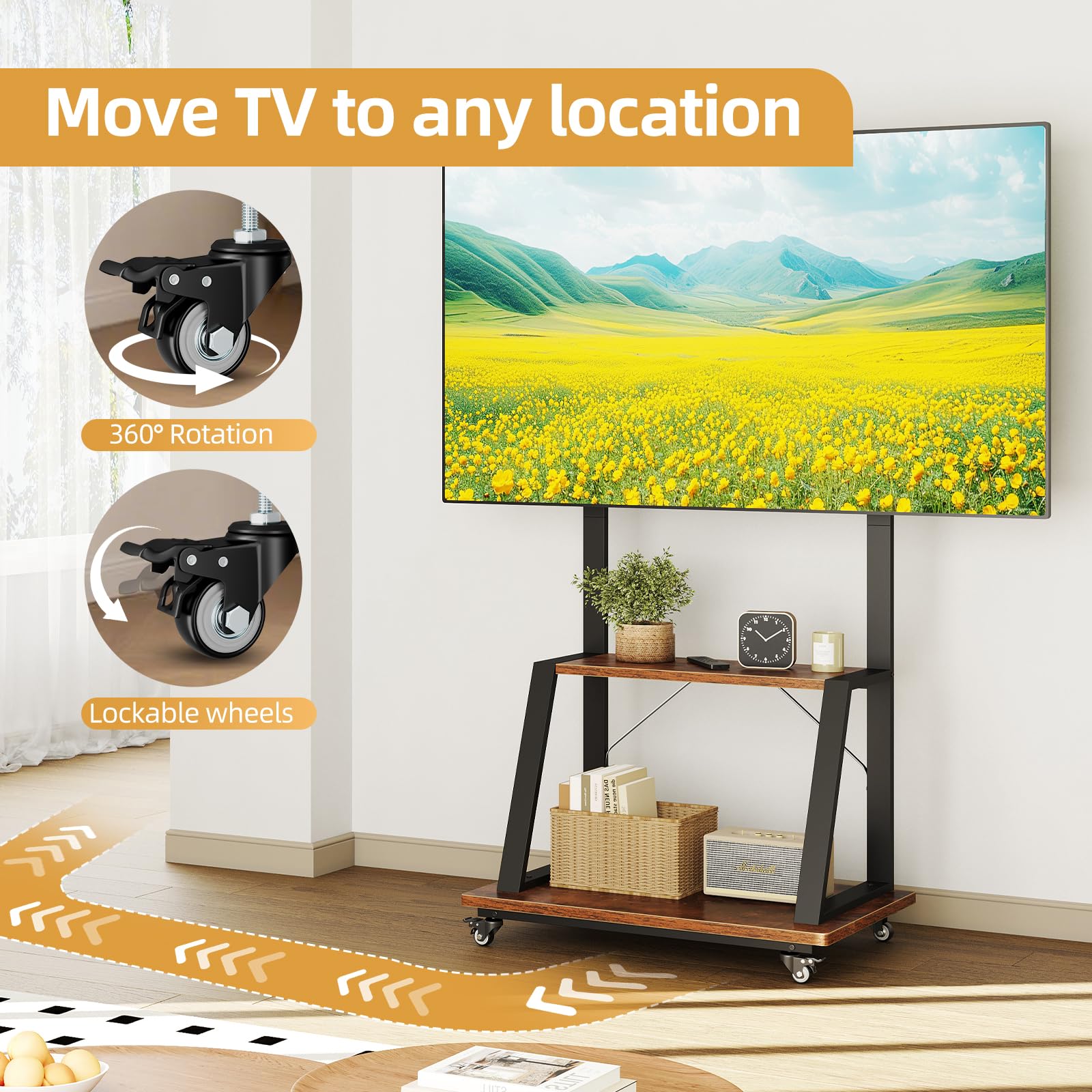 Dripex TV Ständer mit Rollen, höhenverstellbarer TV Rollwagen für 32-70 Zoll Fernseher bis 80 kg, mobiler TV Schrank mit 2 Ablagen für Wohnzimmer, Büro und Home Gym