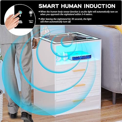 Miniatura 4 de Mesita de noche LED de alto brillo con estación de carga inalámbrica, mesita de noche con sensor automático con LED de 3 colores a través de