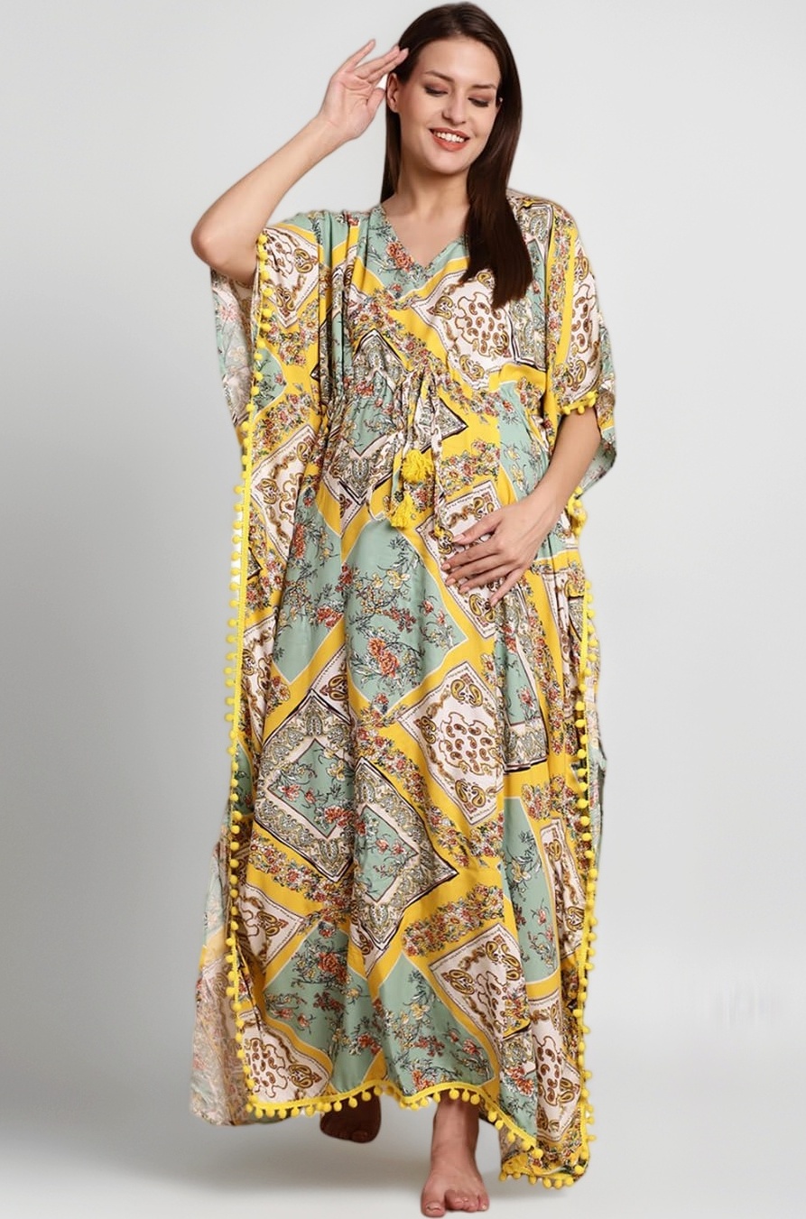 Secret Wish Rayon Maternity Kaftan Nighty/Free Size/Feeding/Nursing/Zipper/Drawstring/Screen Print/Full Length