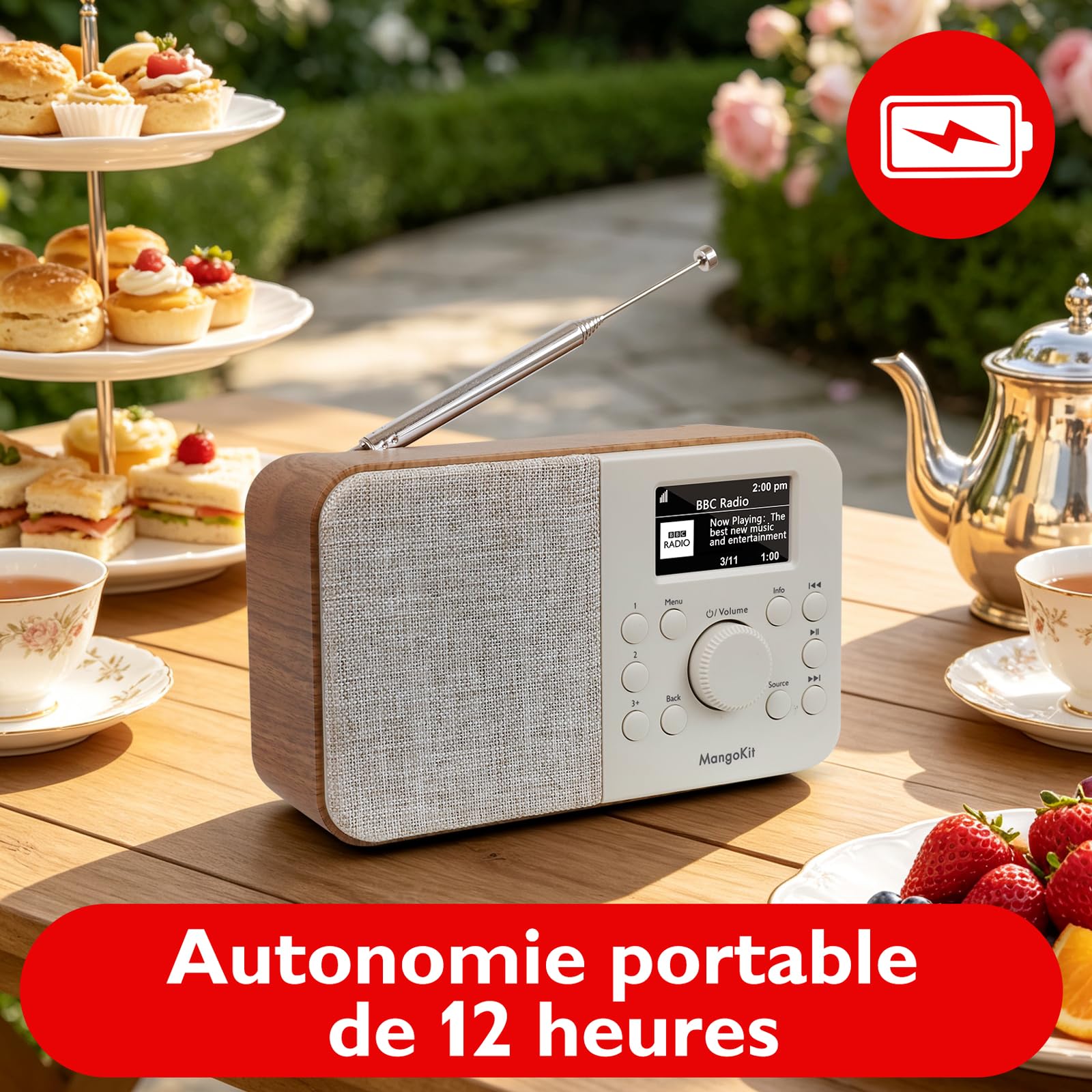 PR2S Pro Radio Rechargeable Dab+, Bluetooth, Écran Couleur, Noyer