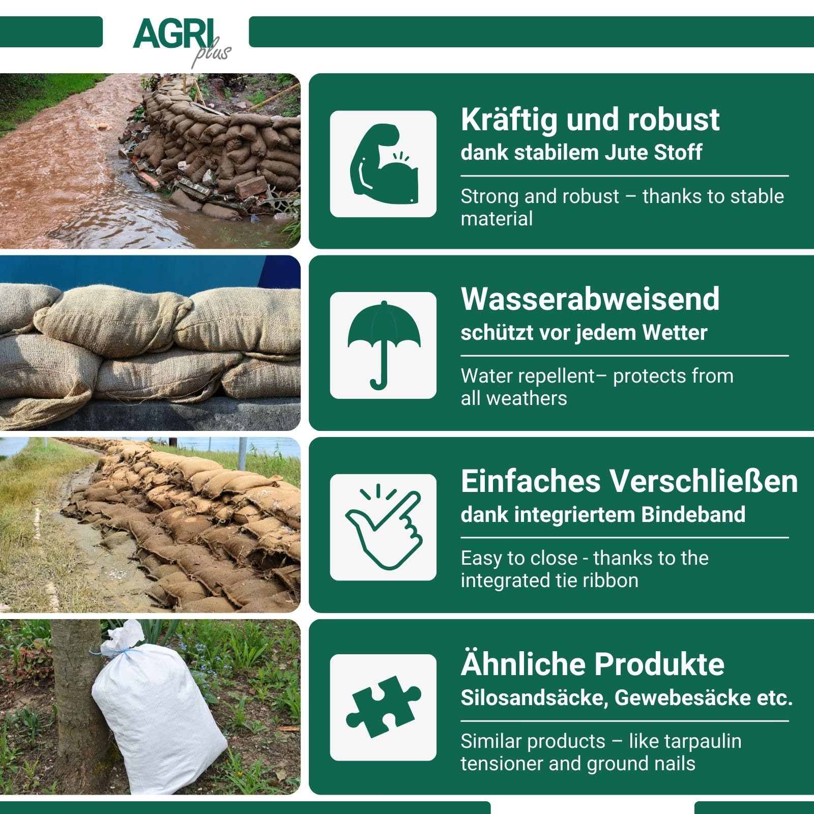 AGRI plus 10 Stück Hochwassersäcke unbefüllt I 30 x 60 cm I nachhaltige Hochwasserbarriere-Säcke aus Jute I Flutschutzsäcke mit Bindeband I stabile Sandsäcke mit Fassungsvermögen bis 20kg