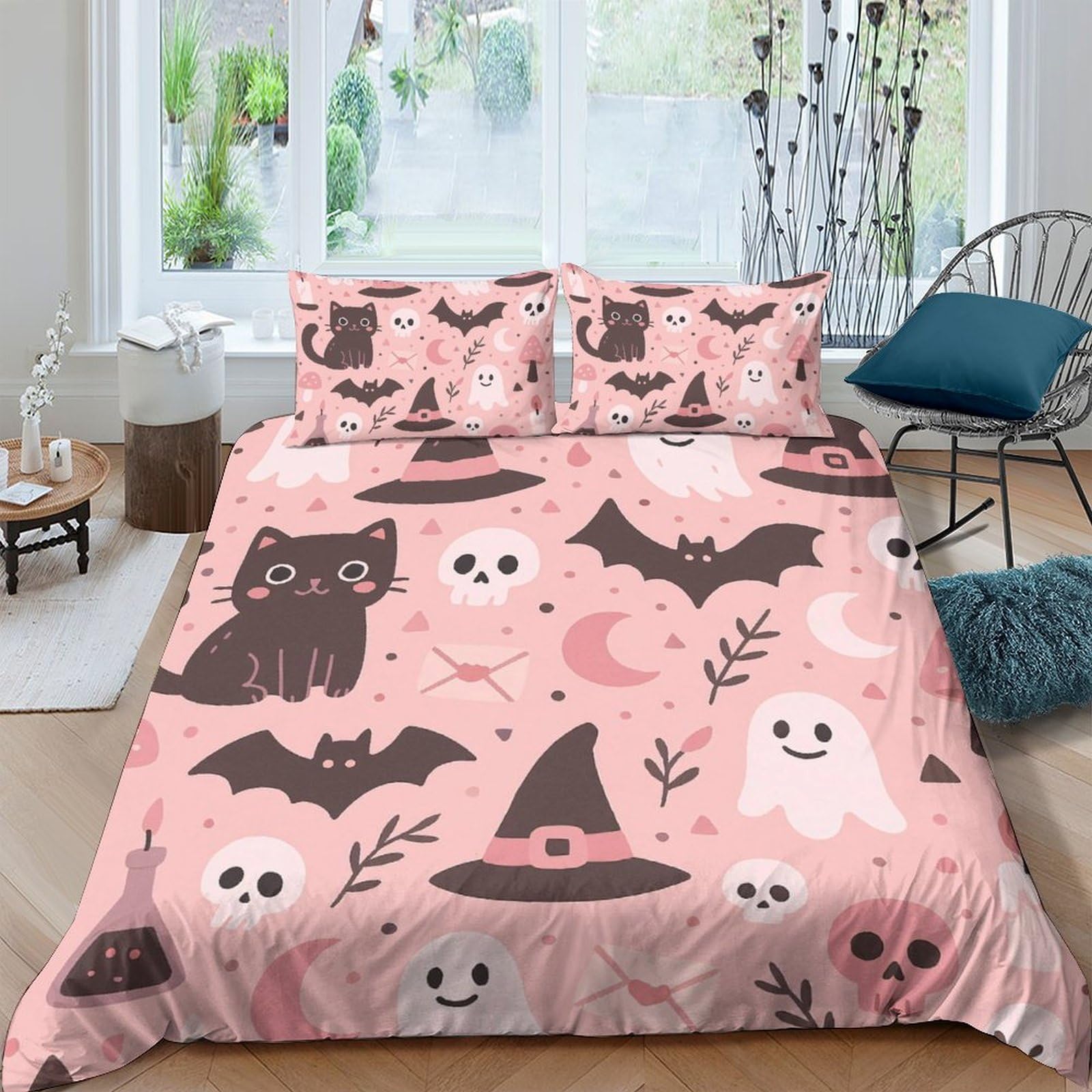 GPLZQXKJNH 3D Printed Halloween Cat Bat Duvet Cover Set Microfiber Soft Pink Bedding with 2 Pillowcases for Bedroom Decor Single（135x200cm）