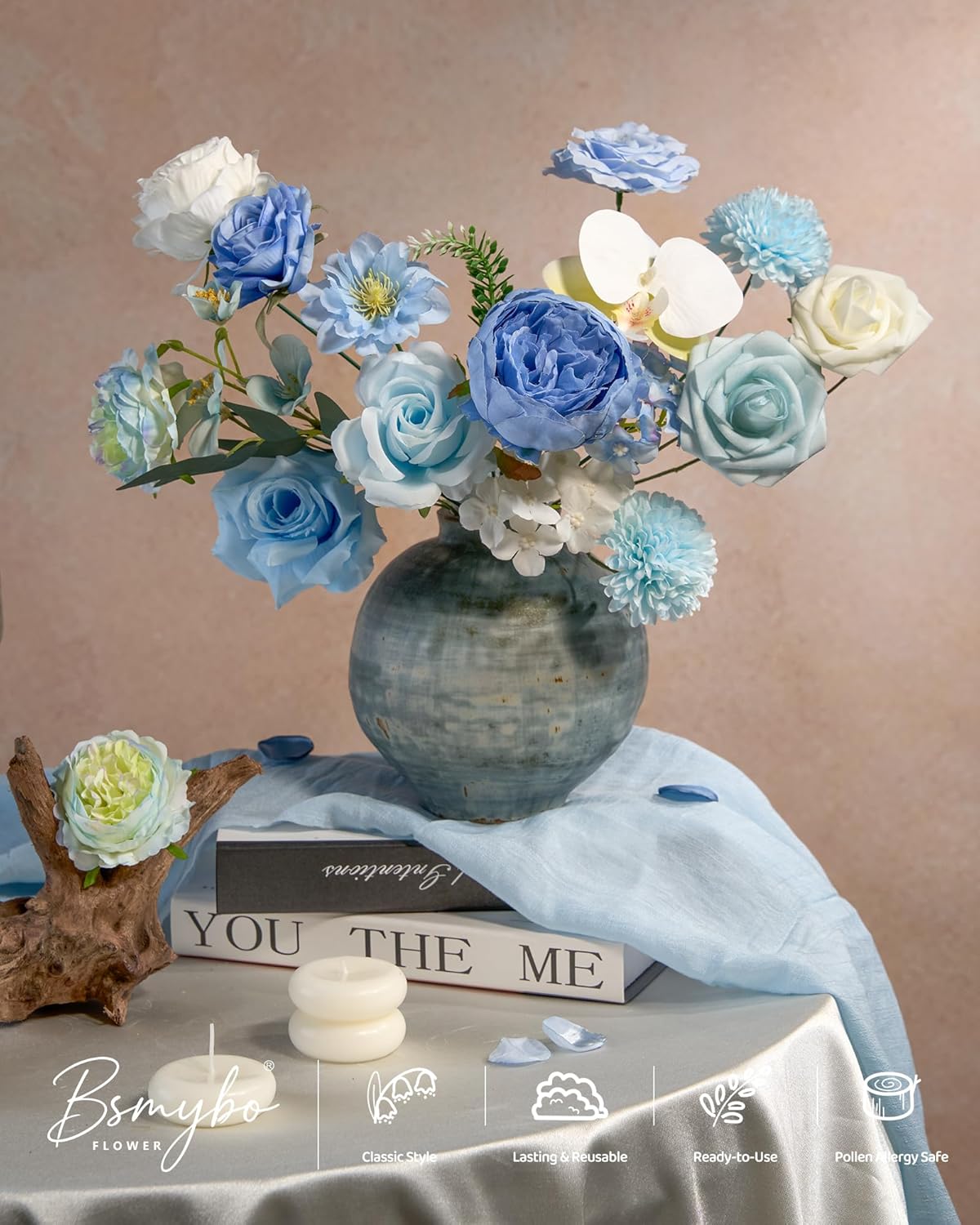 Artificial Flowers Combo Baby Blue Flowers Mix Roses Peonies Hydrangea Orchids Poppy Daisy with Floral Stems for Wedding Bridal Bouquets Baby Shower Floral Arrangement Table Centerpieces Home Decor