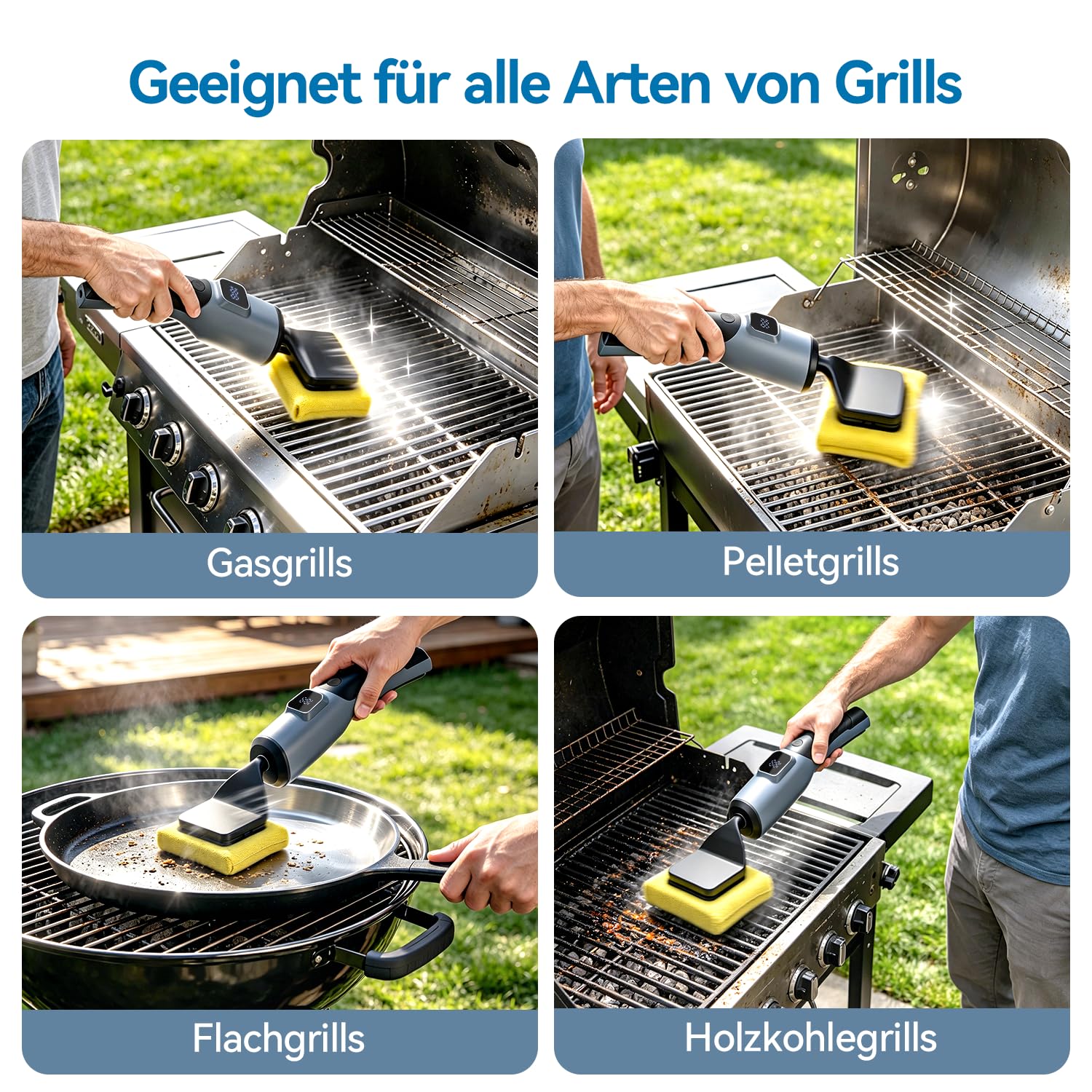Ombrex Grillbürste Elektrisch Elektrische Grillbürste - Borstenfreie Reinigungsbürste ohne Borsten mit Vertikaler Druck-Technologie, 4h Akku, Kabellos, Wasserdichtes für alle Grillarten & Grillroste