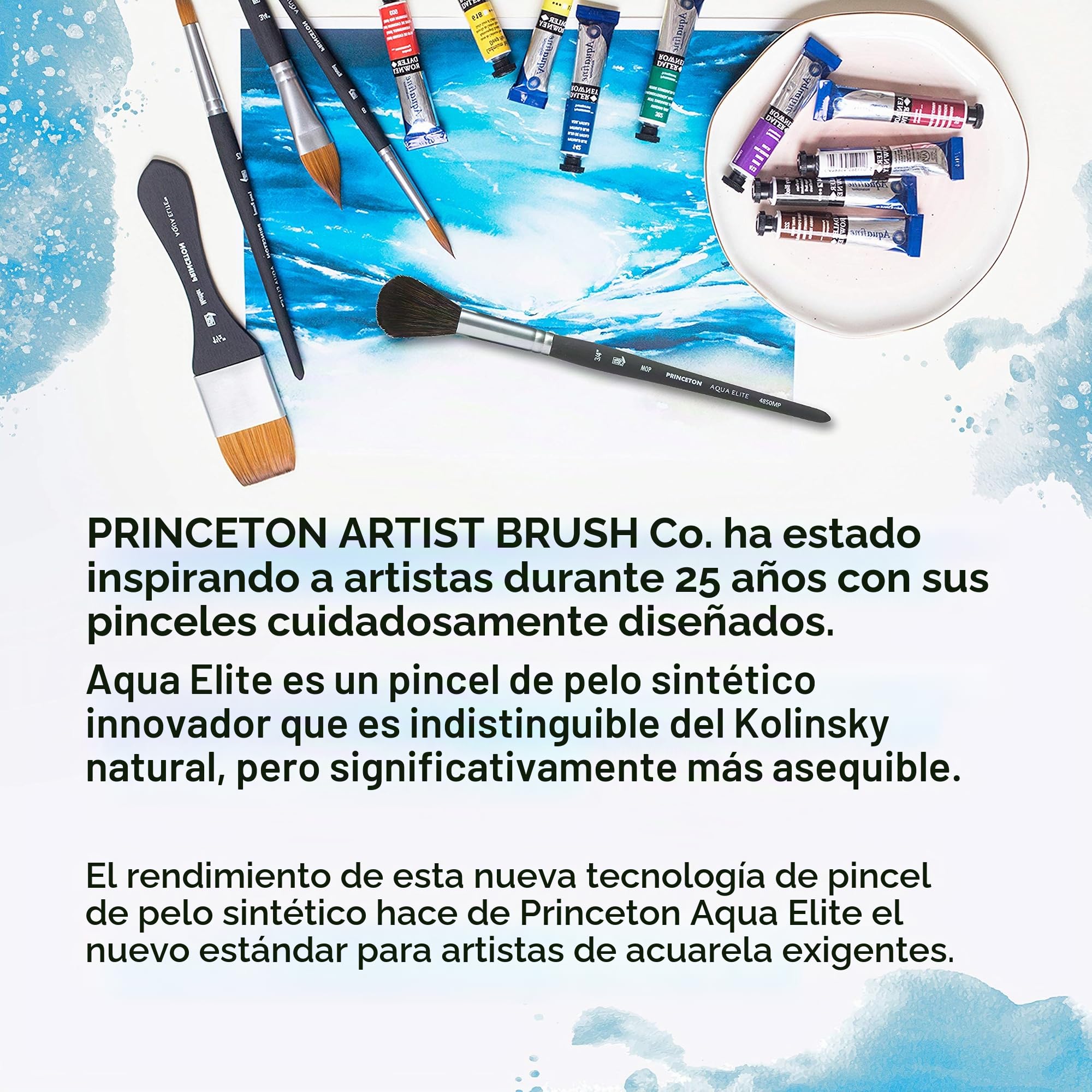 PRINCETON Aqua Elite, Pinceles para acuarela de bellas artes, Sintético Kolinsky Sable, Set de 4 pinceles, mango corto, Caja de plástico