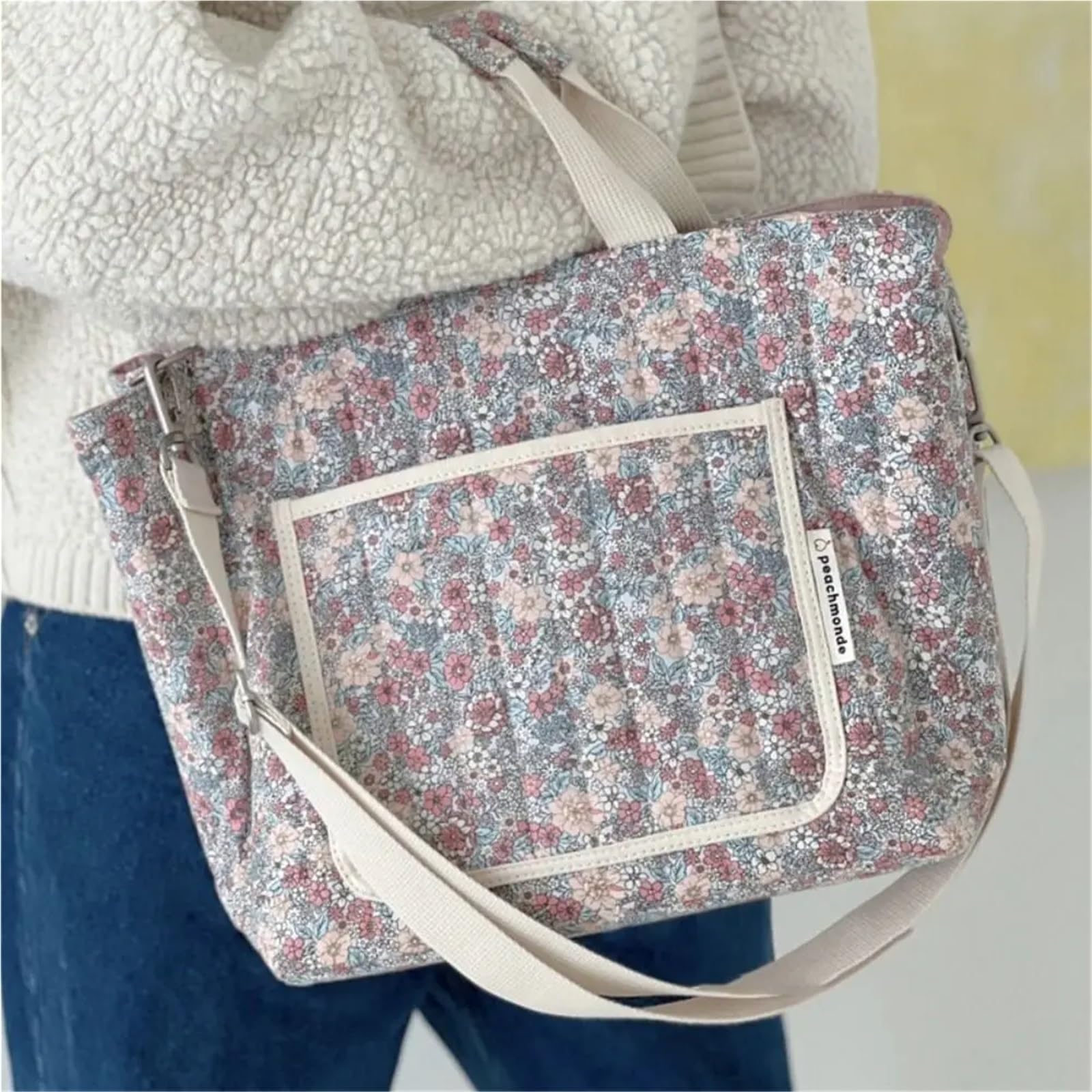 Tragbare Blumendruck-Mama-Kindertasche, multifunktionale Baumwoll-Umhängetasche, große Kapazität, Handtasche, Aufbewahrungstasche, Mutter-Kind-Kinderwagen-Taschen-Organizer