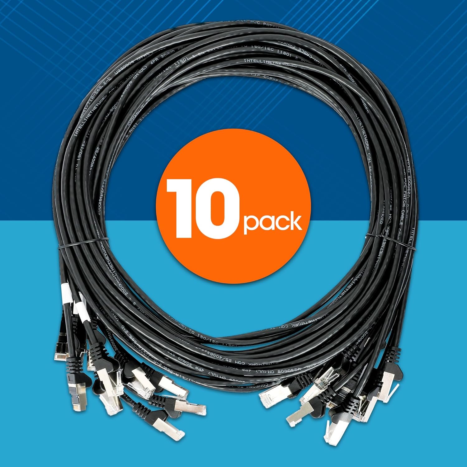 Intellinet Slim Cat8 Ethernet Network Patch Cable – 10-Pack - 40Gbps & 2000MHz, Snagless Boot, 24AWG Pure Bare Copper Wire, Gold-Plated Contacts, Lifetime Mfg Warranty – 3ft, 10 Pack, Black