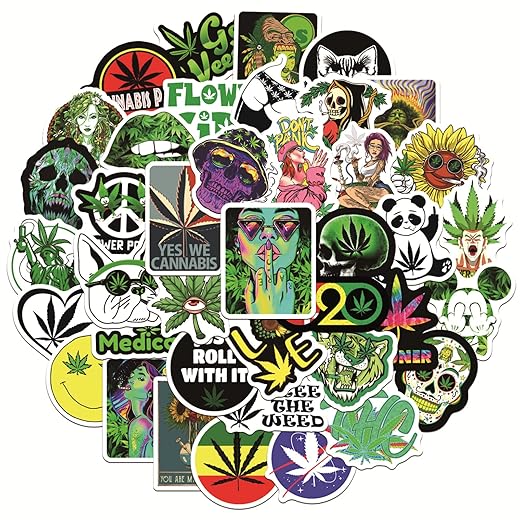 Weed Stickers for Adults, 50PCS Plant Vinyl Waterproof Marijuana Sticker Decals for Skateboard Water Bottles Bikes Luggage Etc.
