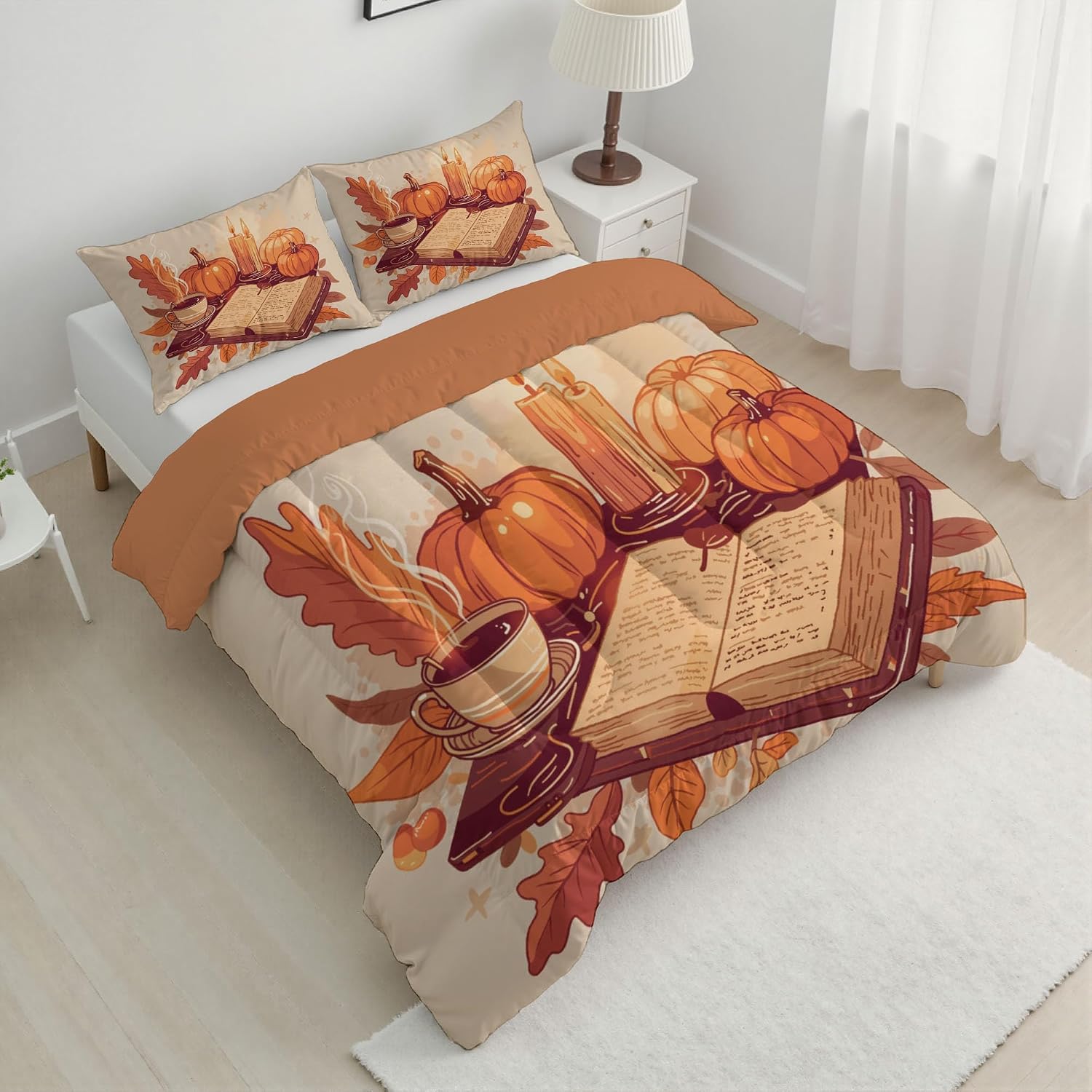 Abstract Leaves Comforter Set Twin Size, Cartoon Pumpkin Bedding Set for Teens Adults Room, Beige Soft 68" x 86" Quilt with 1 Pillow Cases, Lightweight Beige Quilt for All Season