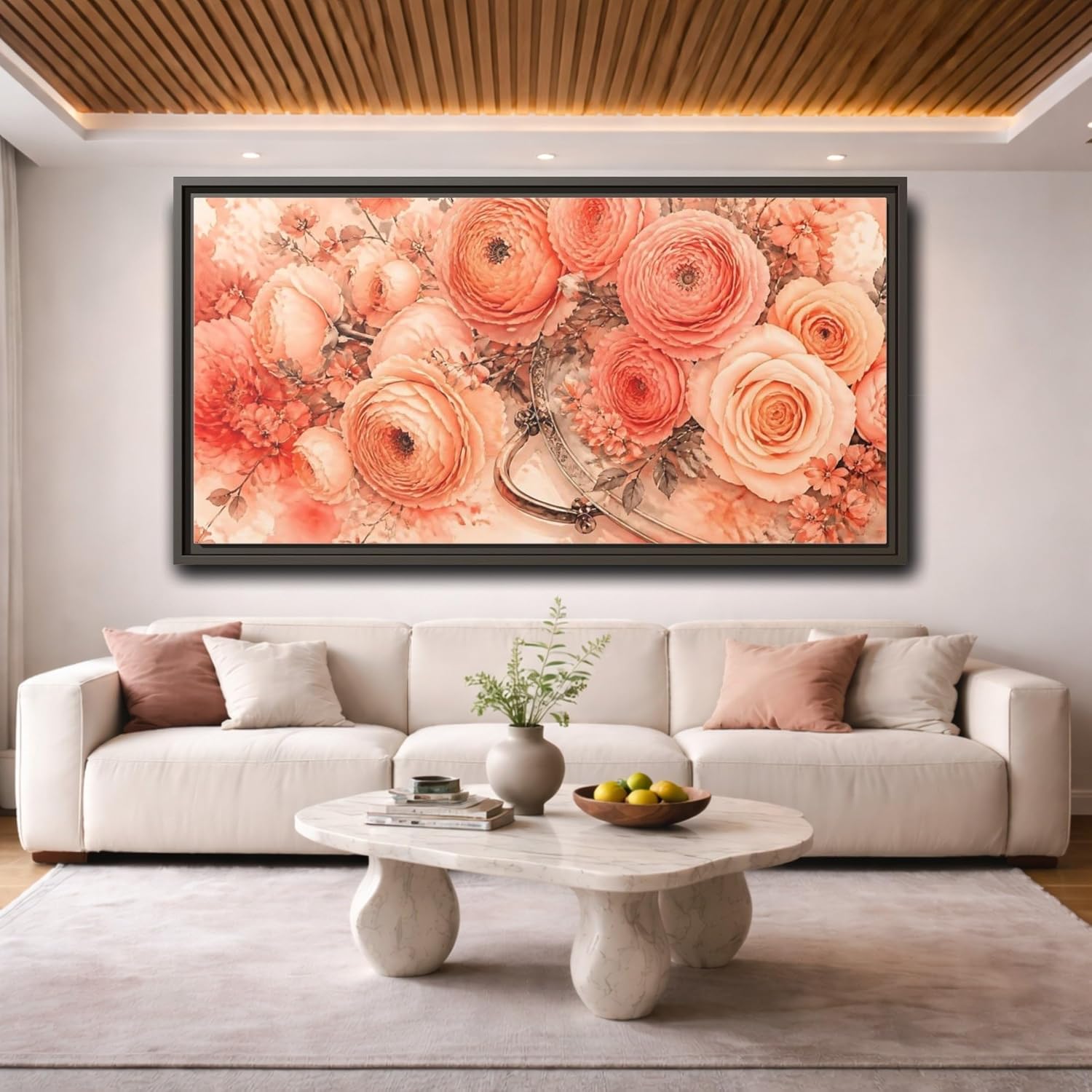 Floral Blush Flowers Framed Canvas Print Wall Art – watercolor Bedroom 48×24 inch (120×60 cm) - Horizontal/Black / 1.25 inch (3 cm) image 2