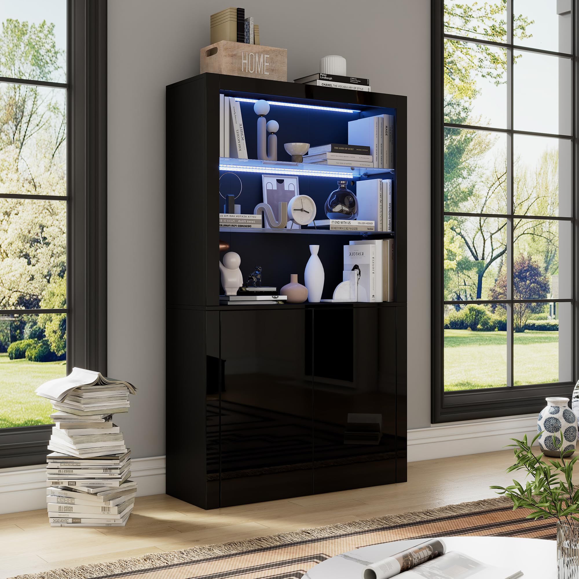 BTM 100x35x170cm Schrank,Vitrine Hochglanz Lagerschrank mit LED-Beleuchtung,2 Glasboden,2 Schränke,Highboard, Wohnzimmerschrank, Aufbewahrungsschrank, Hochschrank, Schwarz