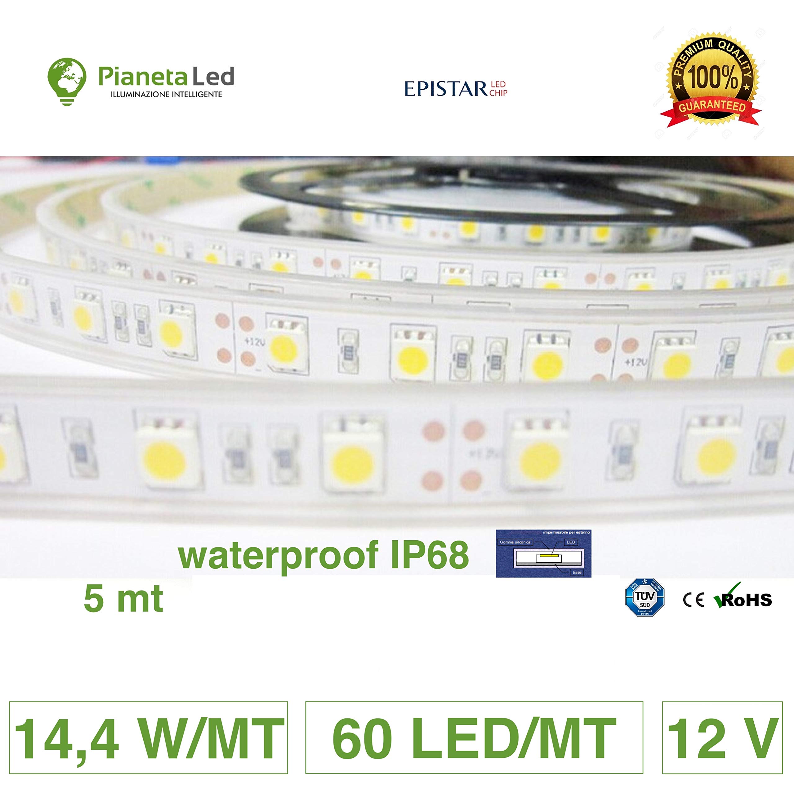 ROTOLO 5 METRI STRISCIA 300 LED 5050 SMD 5 MT LUCE BIANCA A SCELTA PER USO ESTERNO WATERPROOF IP68 PER IMMERSIONE (6000 k luce fredda (white))
