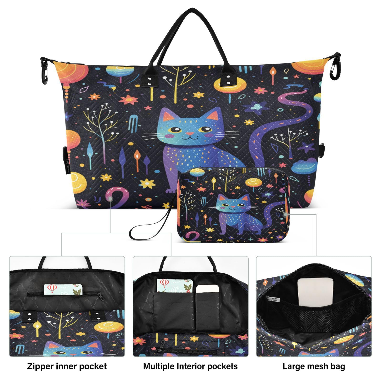 Cute Doodle Cat Balloon Sports Swim Gym Bag Weekender Duffel Travel Bags Handbag with Makeup Storage Bag for Girls Men