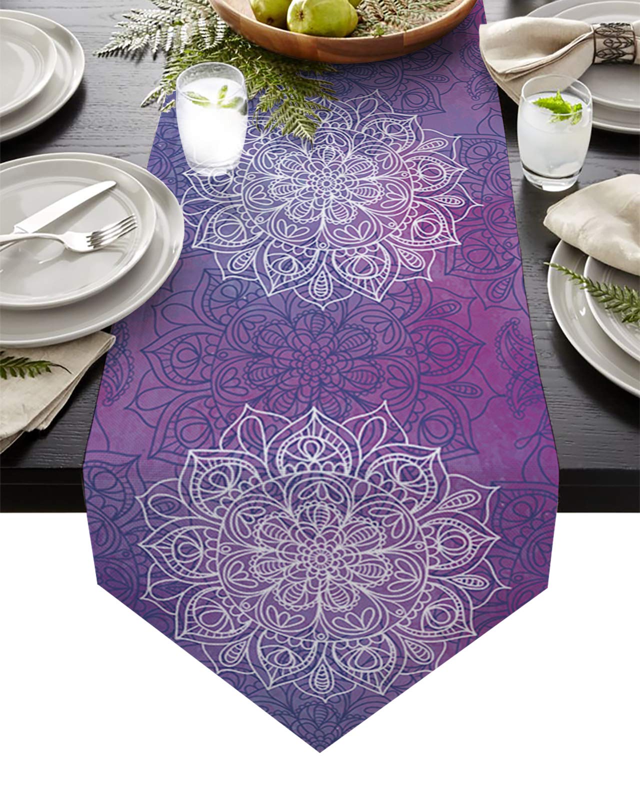 HELLOWINK 36inch Burlap Table Runners for Dinning Room, Bohemian Mandala Flower, Cotton Linens Table Runner Table Cloth for Wedding Party Holiday Home Decor(Watercolor Purple)