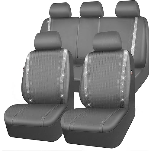 CAR PASS Bling Car Seat Covers Full Set, Shining Glitter Rhinestone Diamond Waterproof Faux Leather Interior Sets Universal Fit Automotive Glitter Crystal Sparkle Strips for Cute Women Girl, Gray