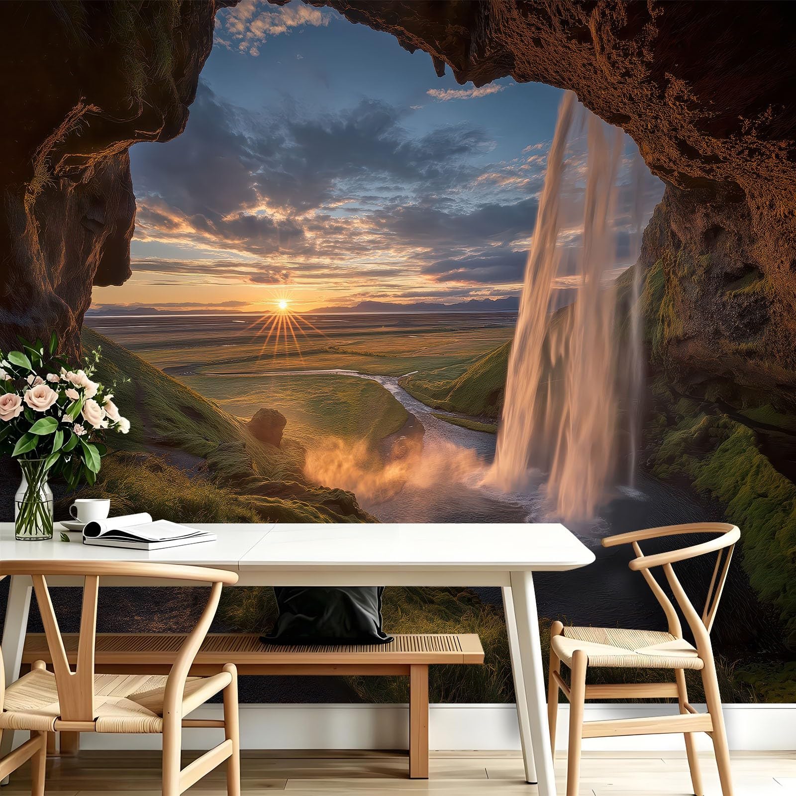 Seljalandsfoss - Carta da parati fotografica con foto di documentari e fotografie, carta da parati in tessuto non tessuto, per sfondo personalizzato, motivo: cascata, grotta di Seljalandsfoss
