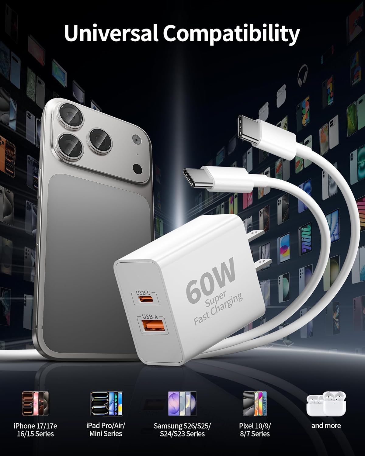 iPhone 17/17 Pro Max/17e Fast Charger, 3 Pack 60W Super Fast Charging Dual Port USB C Wall Charger Block with 6FT USB-C Cable Cord for iPhone 17/17 Pro Max/Air/ 17e/16/15/Pro/Plus, iPad Pro 13/12.9/11