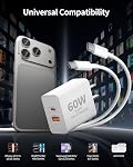 IPhone 17/17 Pro Max Chargeur, 2 Faites votre valise, 60W USB C Bloc du chargeur avec 10FT Câble longue de type C à C, charge très rapide pour iPhone 17/16/15/Pro Max/iPad, PD/QC Dual Port, GaN Adaptateur de puissance