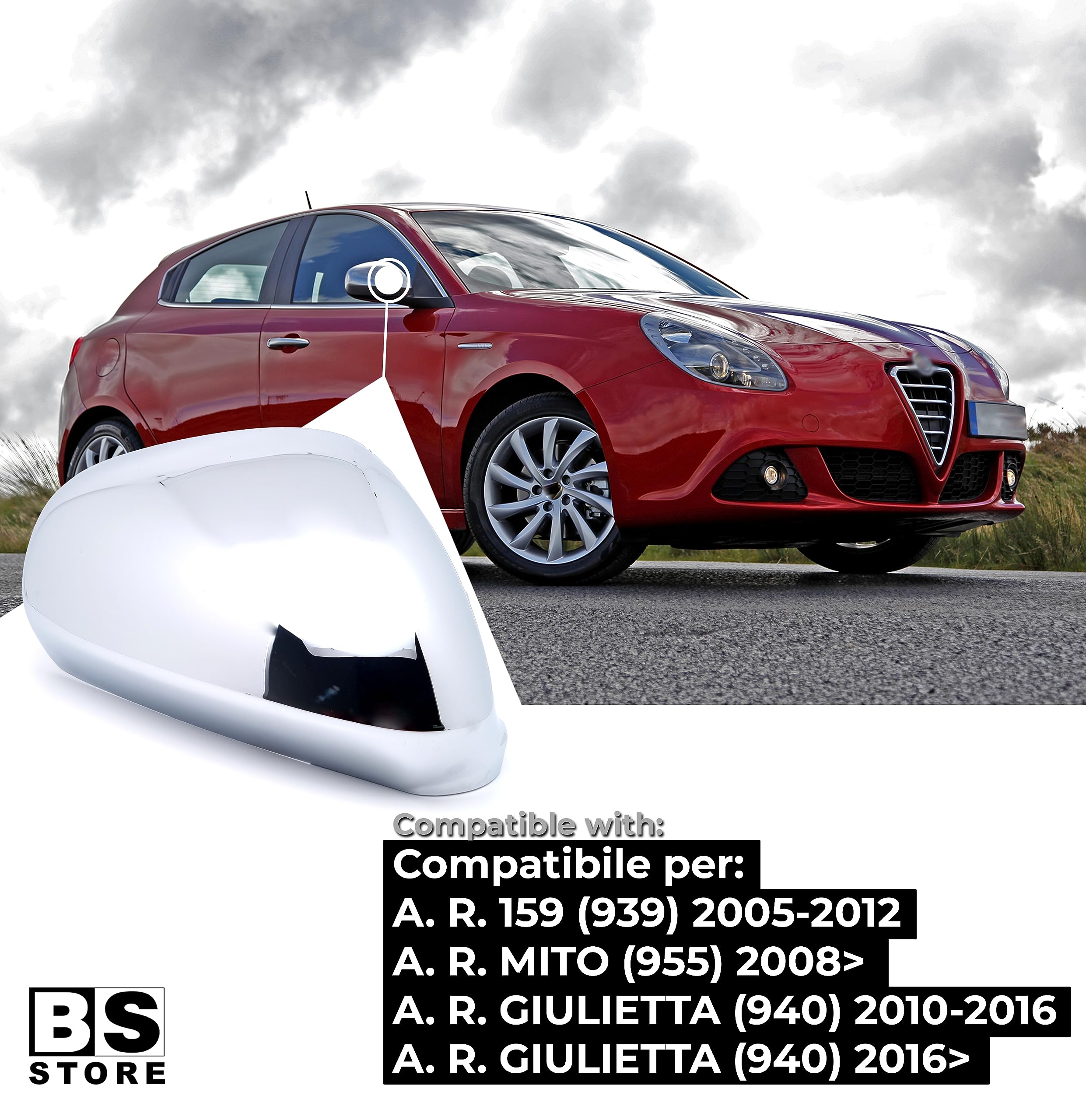 BSSTORE Calotta Specchietto Retrovisore Cromata Lucida per GIULIETTA dal 2010, MITO dal 2008, 159 2005-2012 (Destro - Lato Passeggero)