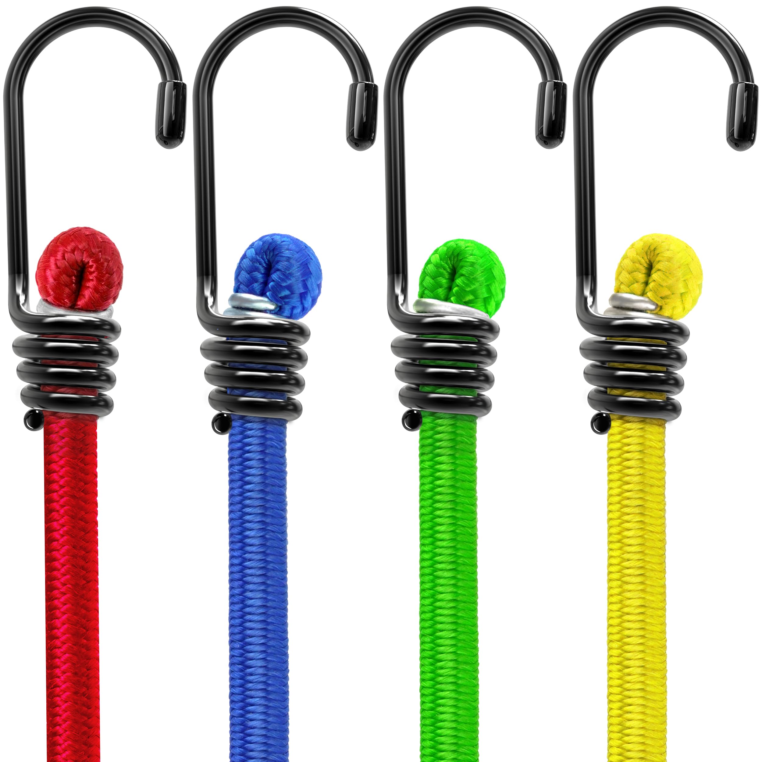 Bungee Cords with Hooks - Heavy Duty Elastic Bungee Straps Weatherproof & UV-Resistant – Ideal for Securing Luggage, Camps, Tarps, Garden, Bin Lid Covers (150cm - 4 Pack)
