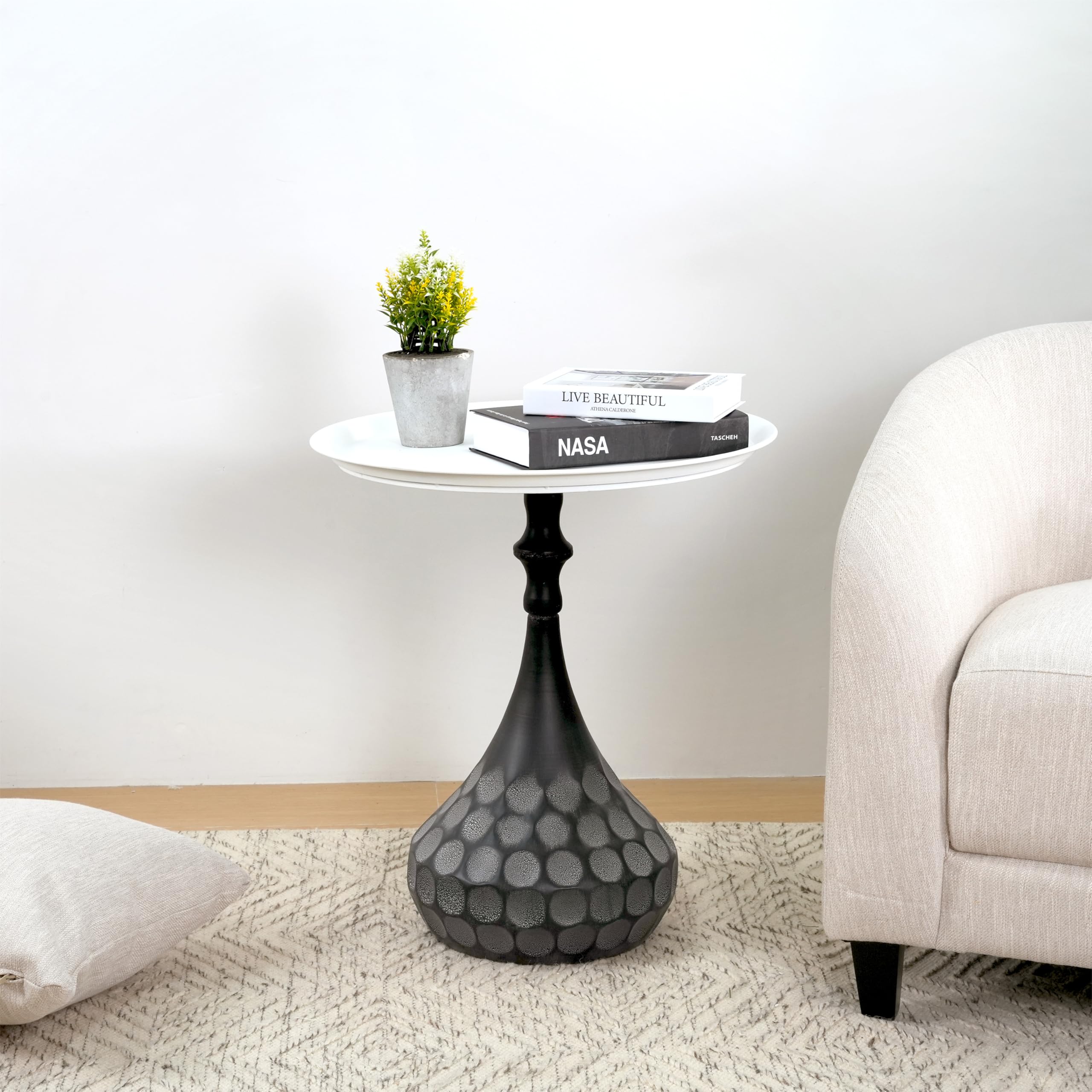 Christopher Knight Home Jorine Accent Side Table, Metal End Table, Round Tabletop, Hand-Hammered Texture Pedestal, Sofa Side Desk, Small Nightstand for Living Room, Easy Assembly, White+Black