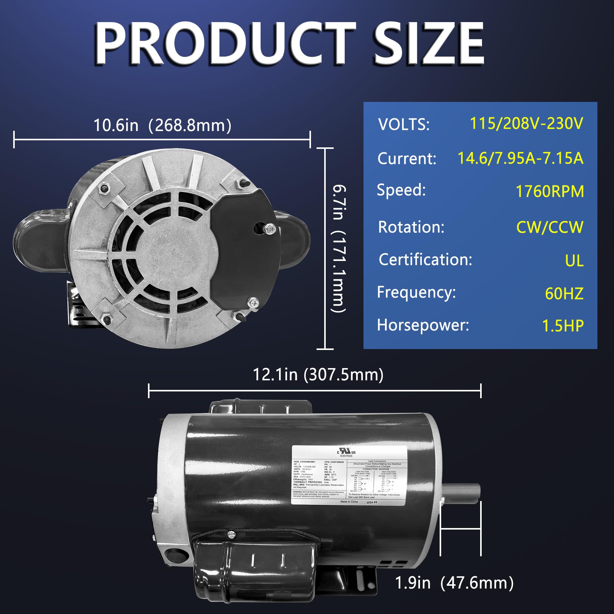 1,5 PS Elektrischer Einphasenmotor, elektrischer Wechselstrommotor, Luftkompressormotor, 56 C Rahmen, 115/208 V-230 V, 60 Hz, 1760 U/min, 5/8 Zoll Schaftdurchmesser, 4,8 cm Schaftlänge, CW/CCW,