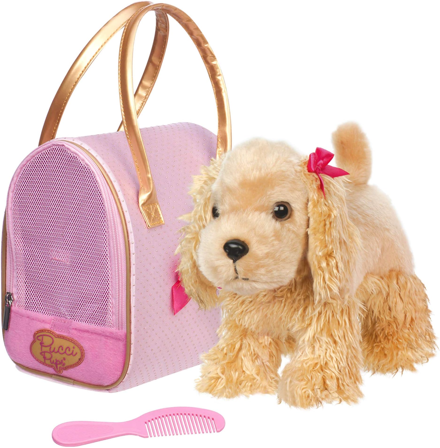 Pucci Pups by Battat ââ‚¬â€œ Cocker Spaniel Stuffed Puppy with Pink and Gold Dotted Stuffed Animal Bag
