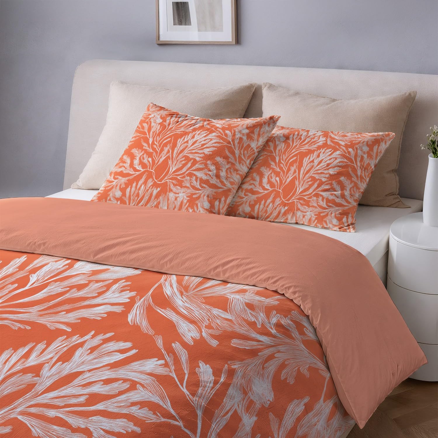Generic Minimalistyczny zestaw poszewek na kołdrę 229 x 221 cm, elegancka, luksusowa, koralowa, z 2 poszewkami na poduszki, dwustronny design, pomarańczowo-biała, miękka poszewka na kołdrę z