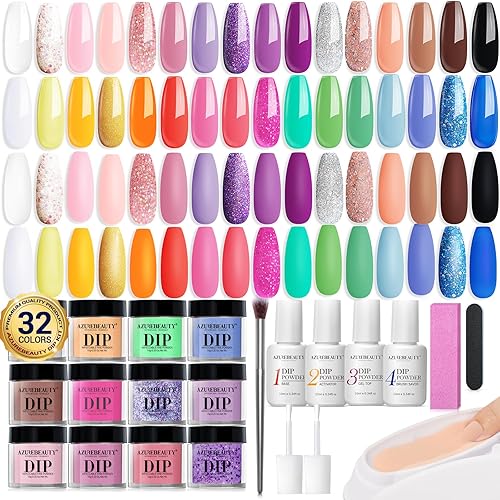 AZUREBEAUTY Juego de 42 piezas de polvo de inmersión para uñas, 32 colores, primavera, verano, arco iris, rosa, neón, rojo, acrílico, activador de