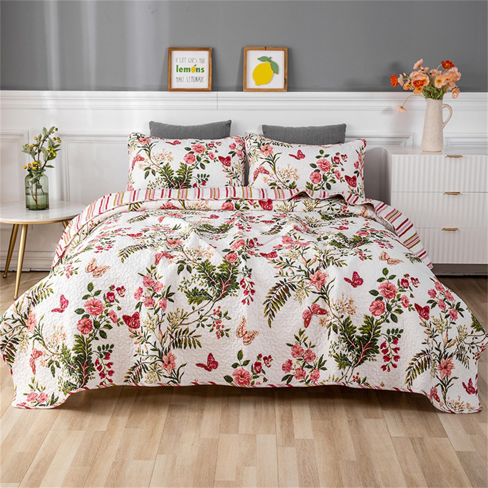 Odot Colcha Verano para Cama 230, Colcha Bouti Fina con 2 Fundas de Almohada Colcha Acolchado Ligera Suave para Colcha Cubre Cama Multiusos (230 * 250+50 * 70cm,Mariposa)