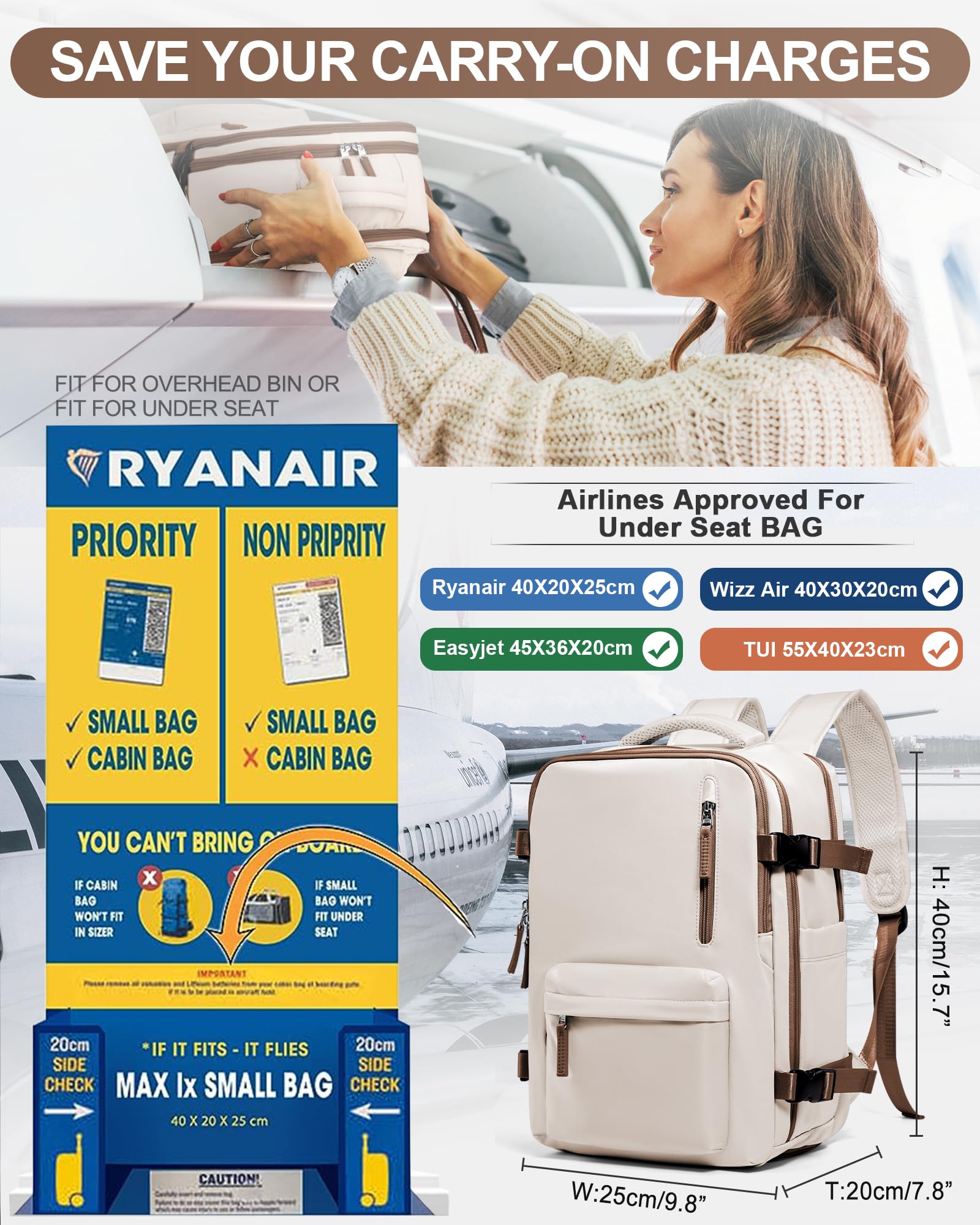 Zaino da Viaggio per Ryanair 40x20x25 Bagaglio a Mano Zaino Borse da Cabina per Ryanair Il Sedile Zaino Aereo Bagaglio a Mano Donna Borsa Cabina Viaggio Zaino Viaggio Casual Daypack,Marrone giallastro