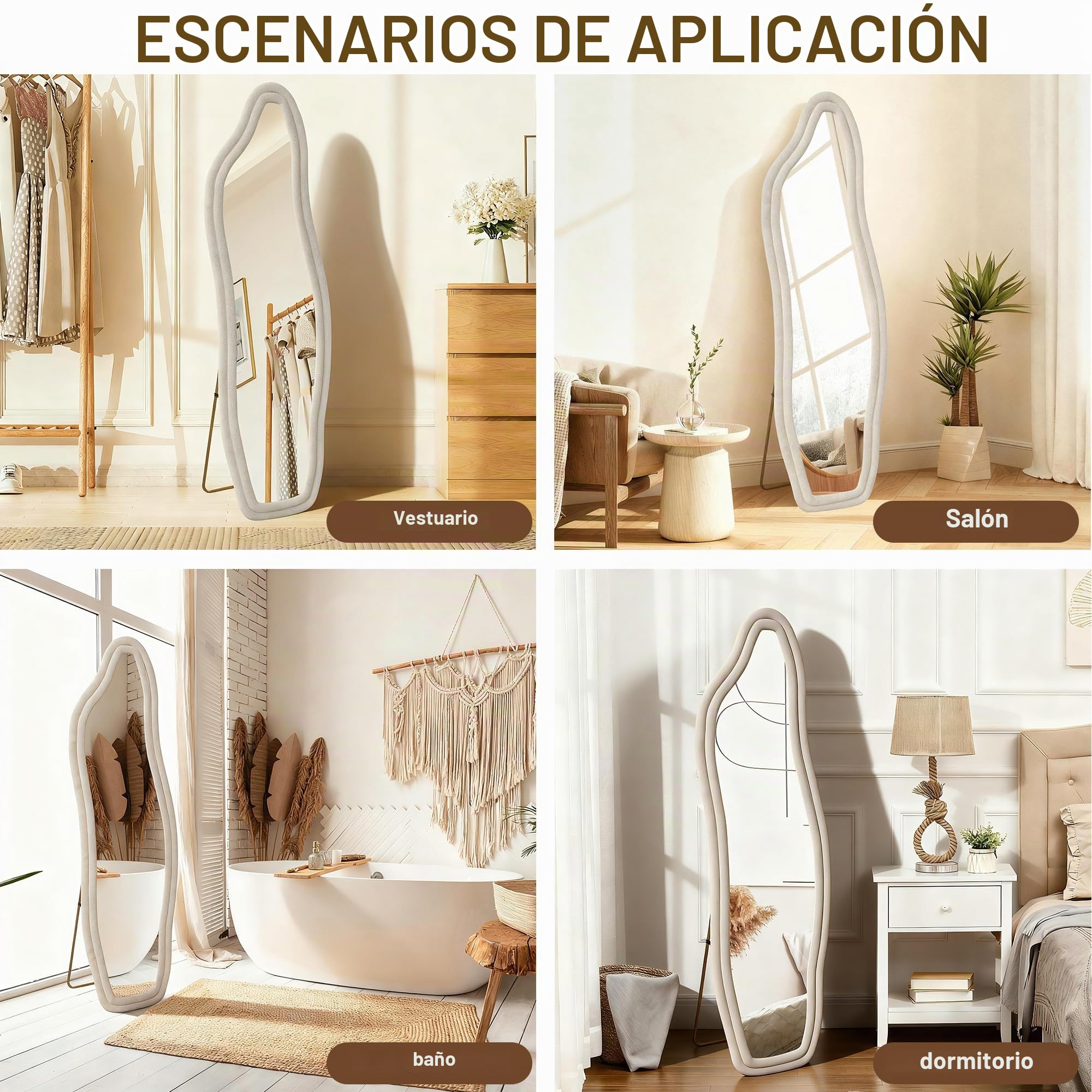 Espejo de longitud completa 160 x 50 cm, espejos de pie con marco de aleación de aluminio, espejo asimétrico irregular grande moderno nube espejo para dormitorio, baño y sala de estar, blanco
