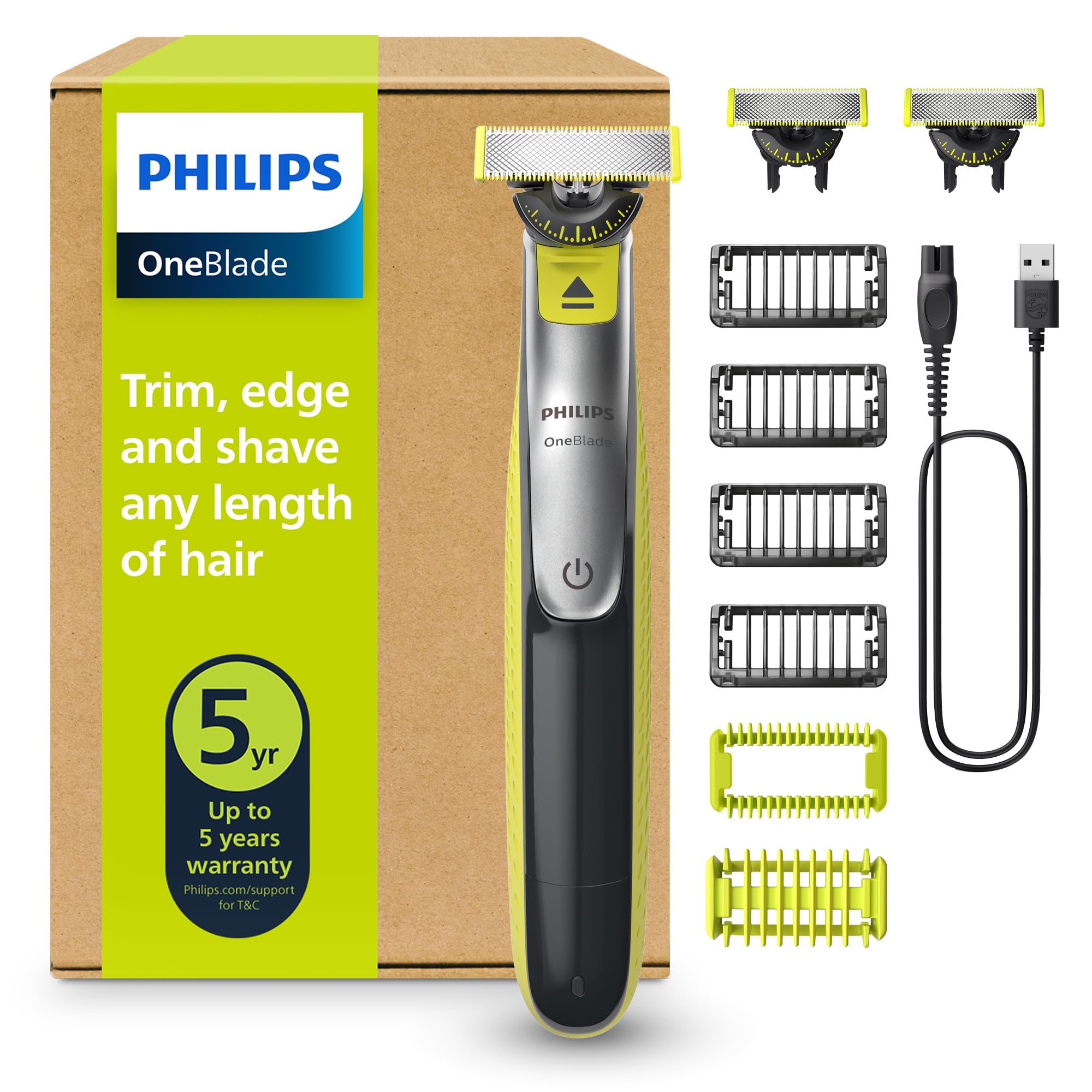 Philips OneBlade 360 Authentic Face & Body Electric Beard Trimmer, Shaver and Body Groomer, 3X 360 Blades, 4X Stubble Comb (1,2,3,5mm), 1x Body Kit, QP2834/31