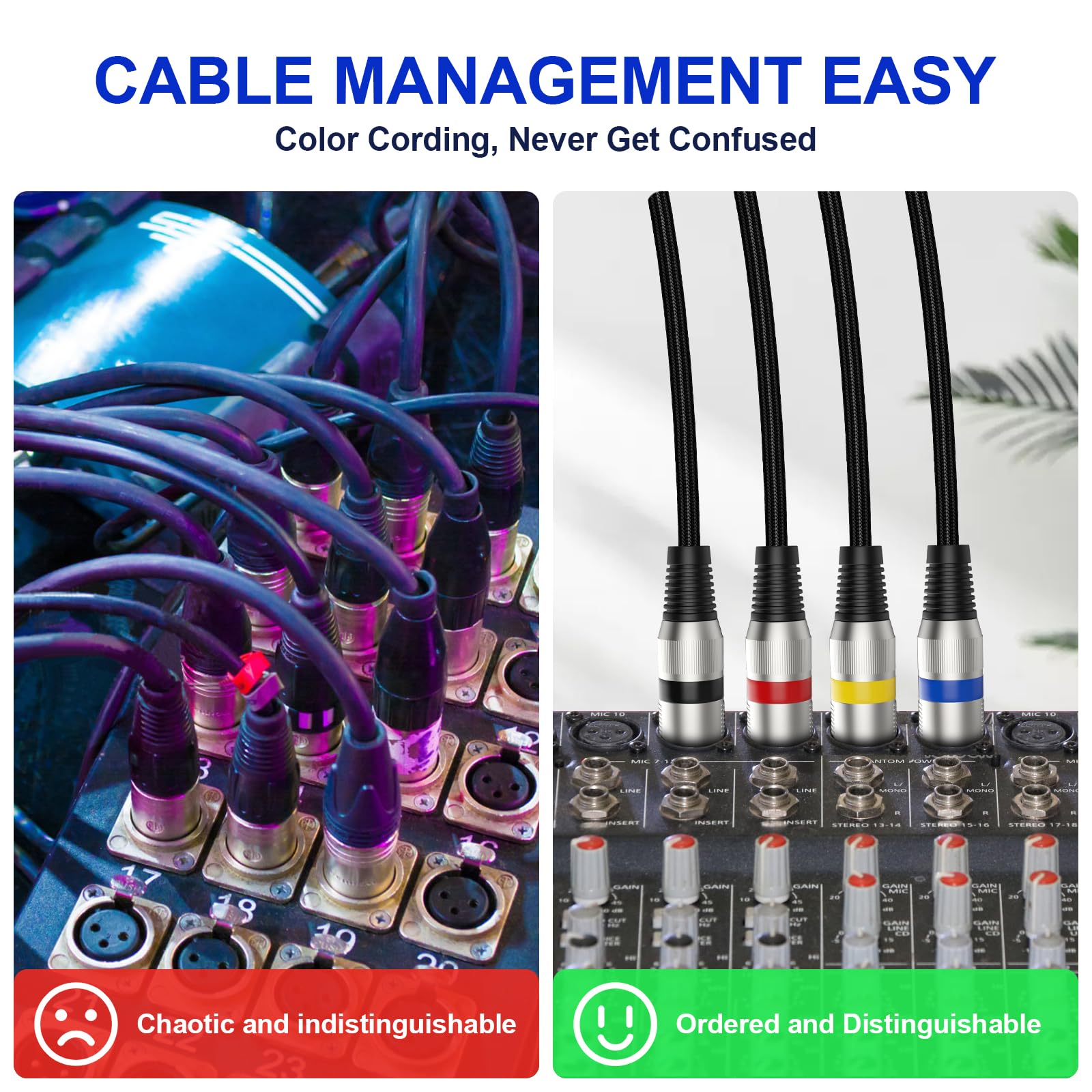 Paquete de 4 cables XLR profesionales de 10 pies, cable de micrófono XLR trenzado sin ruido y de larga duración, todos los conductores de cobre equilibrados, cable de micrófono macho a hembra