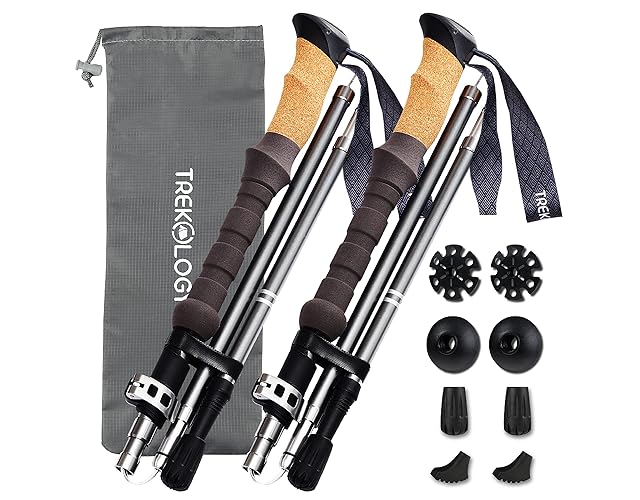 TREKOLOGY Trekking Poles Trek-Z – Ligeros bastones de senderismo plegables, Altura ajustable, Diseño compacto de viaje, Bastones de aluminio de grado aeronáutico para hombres y mujeres