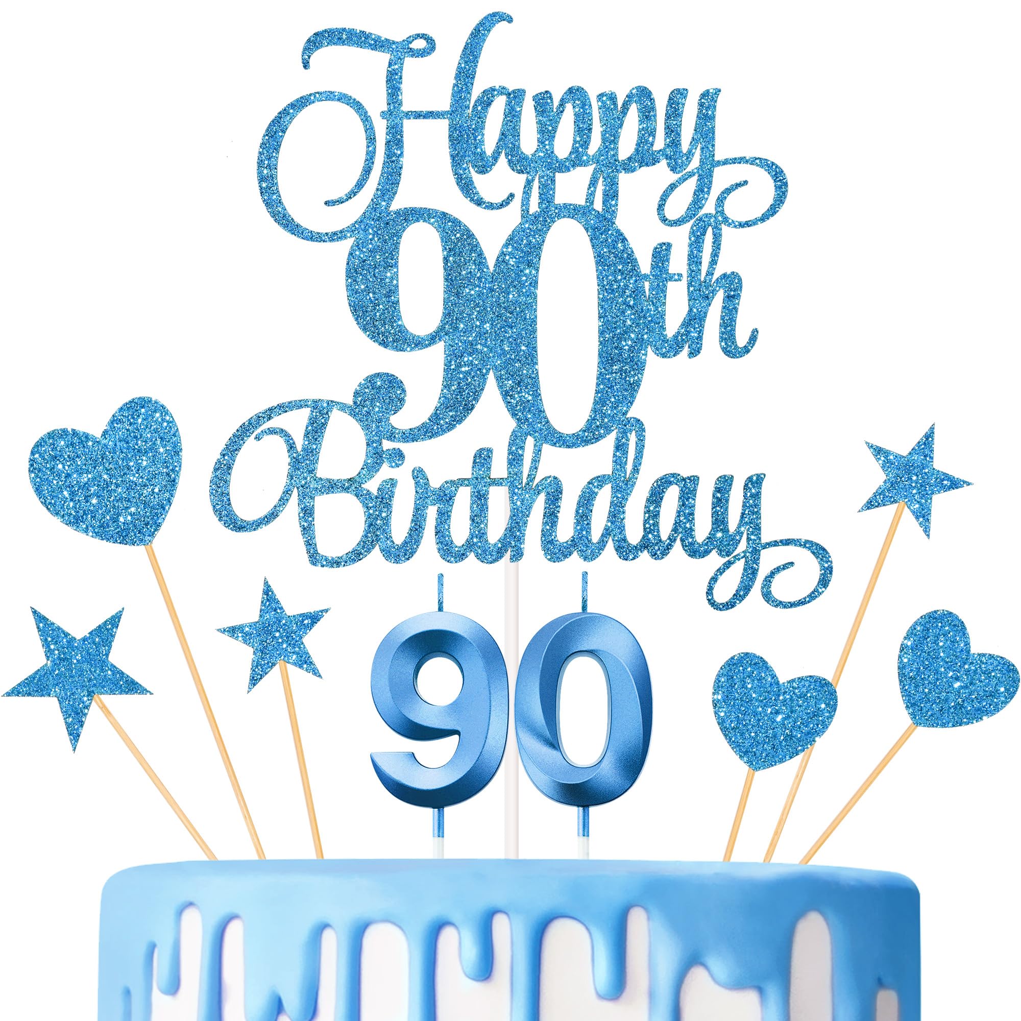 Lecferrarc 90th Birthday Cake Toppers, 90th Birthday Candles Numeral Candles and Glitter Cake Decorations Toppers Set for Party Supplies (Blue)