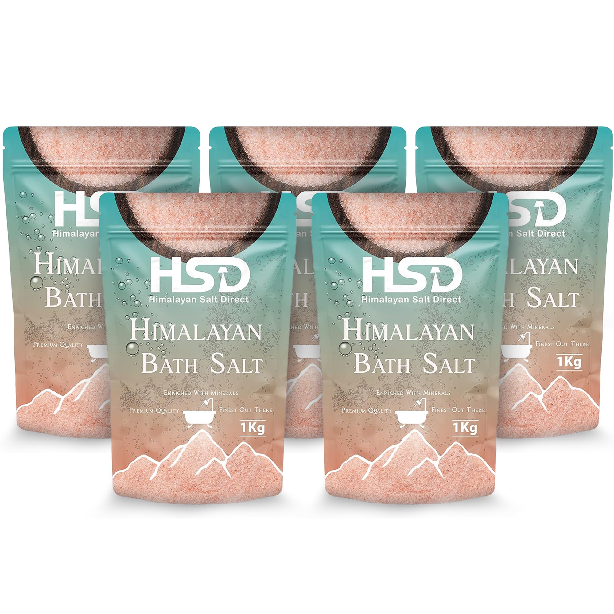 HSD 1KG Bath Salt Pouch Pure Natural Pink Salt - Mineral Salts for Radiant Skin - Our Magnesium Sulfate Bath Salts are Premium Bath Salts for Men and Women - Bath Salts for Muscle Soak - Pack of 5