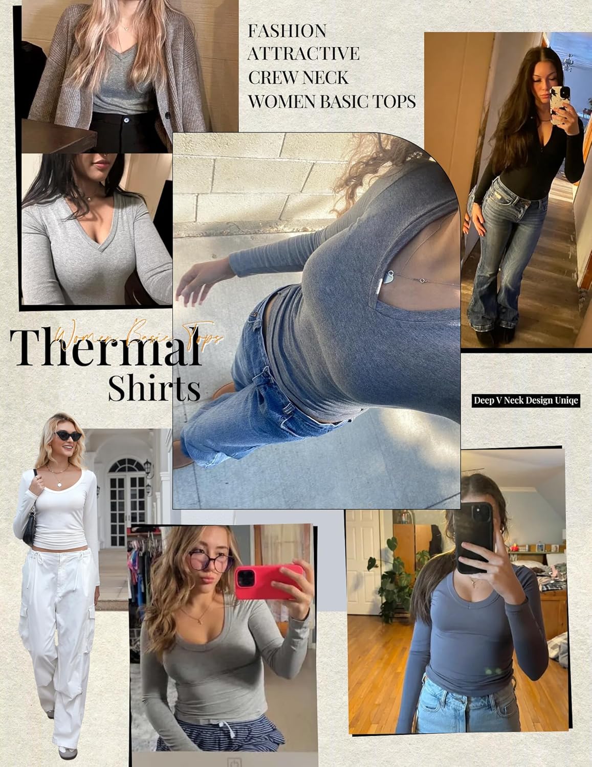 EKOUAER Deep V Neck Shirts for Women Long Sleeve Thermal Tops Slim Fit Lightweight Undershirts Soft Low Cut Tees XS-XXL - Image 6