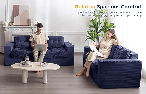 Miniatura 8 de MAXYOYO Sofá de 3 plazas para sala de estar, sofá deshuesado con cojín y respaldo copetudos, sofá tapizado, sofá en una caja, azul marino