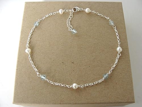 Miniatura 2 de Blue topaz pearl anklet, dainty gemstone ankle bracelet, sterling silver, adjustable length 9.25-10.25 inches, Let Loose Jewelry, handmade