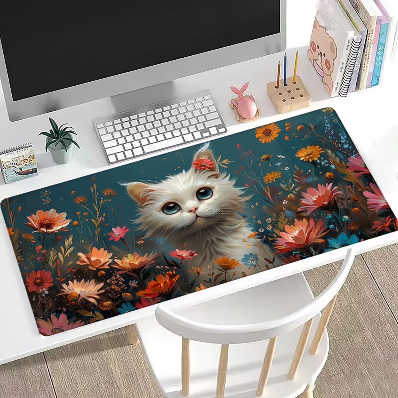 Biała podkładka pod mysz XXL, 150 x 80 cm, niebieska, duża podkładka na biurko, akcesoria na biurko do gier z antypoślizgową podstawą i przeszytymi krawędziami, ulepszona precyzja prędkości podkładka