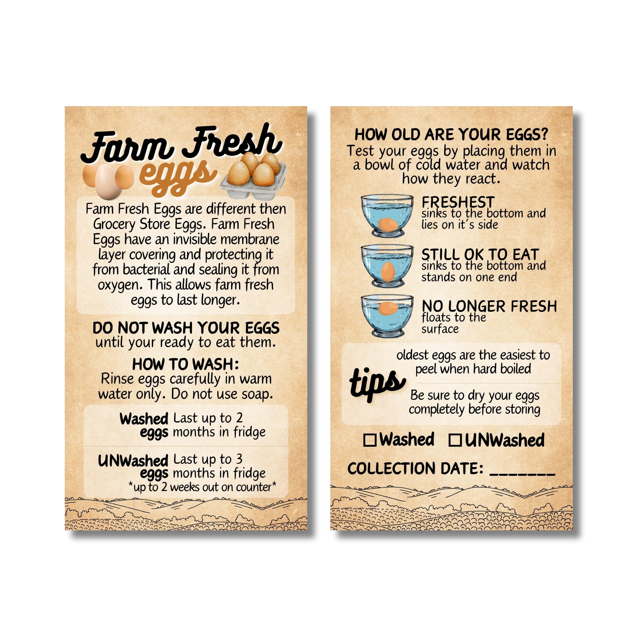 Cute country farm fresh eggs instruction cards - Business Card Size 2 x 3.5 Inches -Front and Back writable surface for collection date and if washed with egg care tips