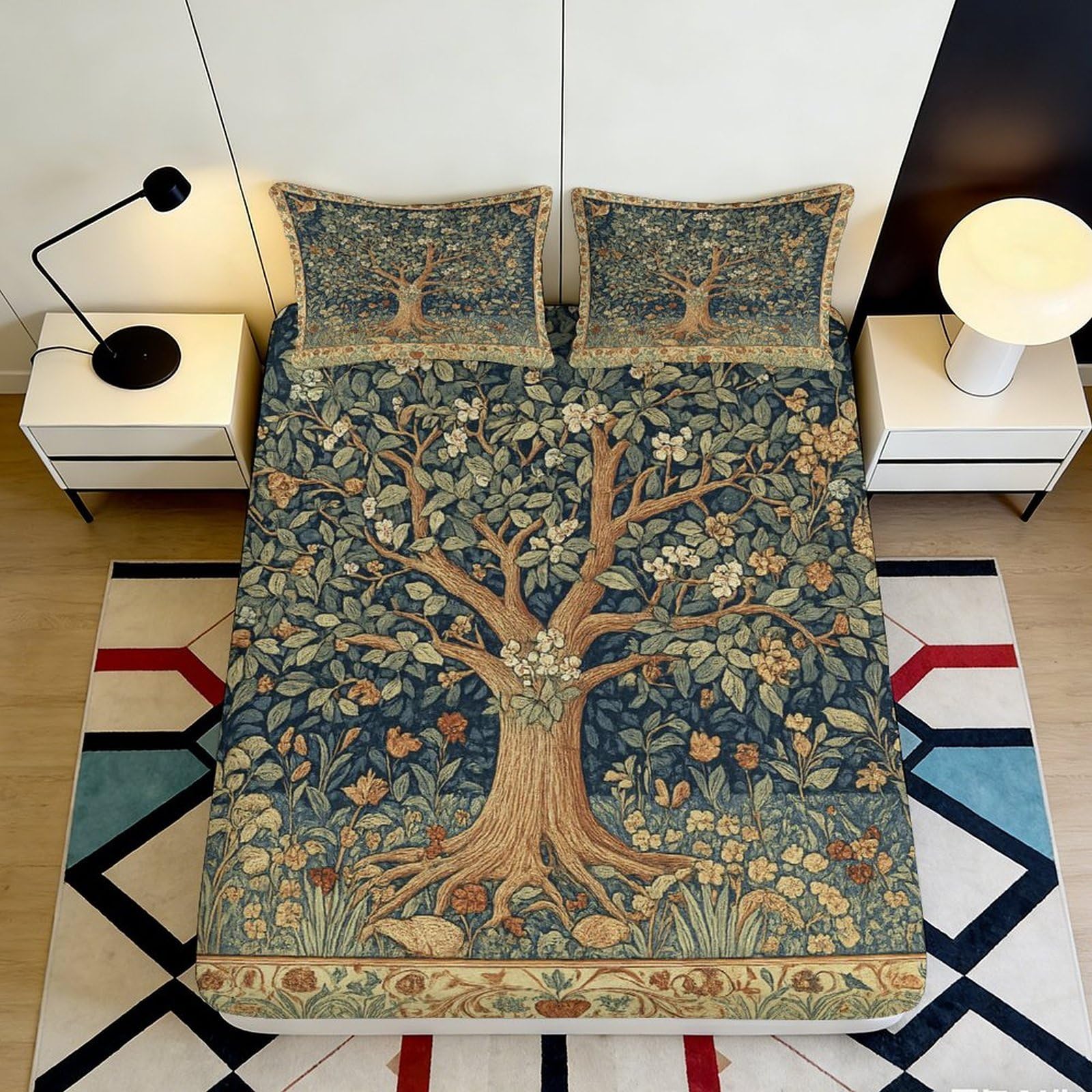 3D Printed Tree of Life Fitted Sheet Microfiber Deep Pocket Bedding for Bedroom Adults Youth Tree of Life Mattress Fitted Cover Non-Slip 200x200x25cm 90x200x25cm