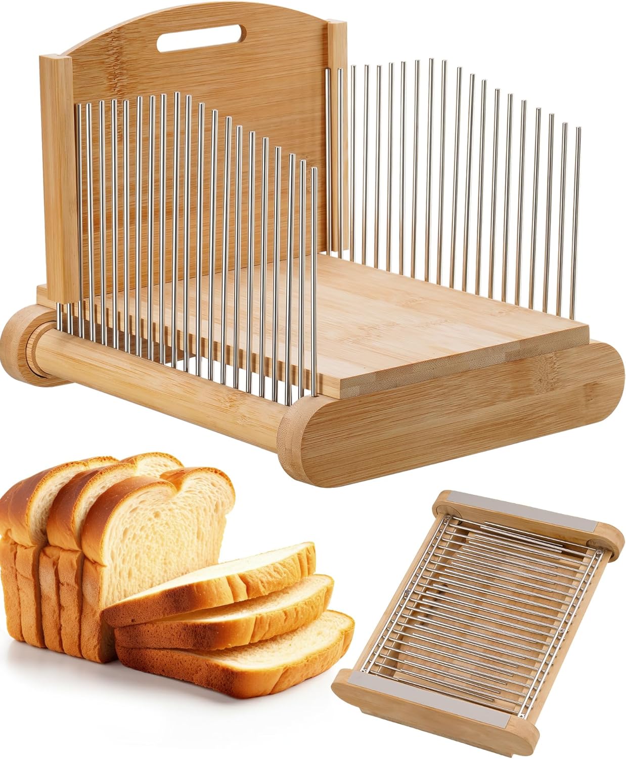 NiHome Bamboo Bread Slicer for Homemade Bread with Stainless Steel Guides, Adjustable Thickness for Toast & Sandwiches, Foldable Compact Sourdough Wood Cutting Board - Amazon product rated Grade C