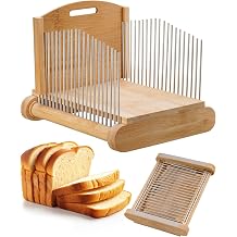 NiHome Bamboo Bread Slicer for Homemade Bread with Stainless Steel Guides, Adjustable Thickness for Toast & Sandwiches, Foldable Compact Sourdough Wood Cutting Board
