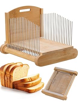NiHome Bamboo Bread Slicer for Homemade Bread with Stainless Steel Guides, Adjustable Thickness for Toast & Sandwiches, Foldable Compact Sourdough Wood Cutting Board