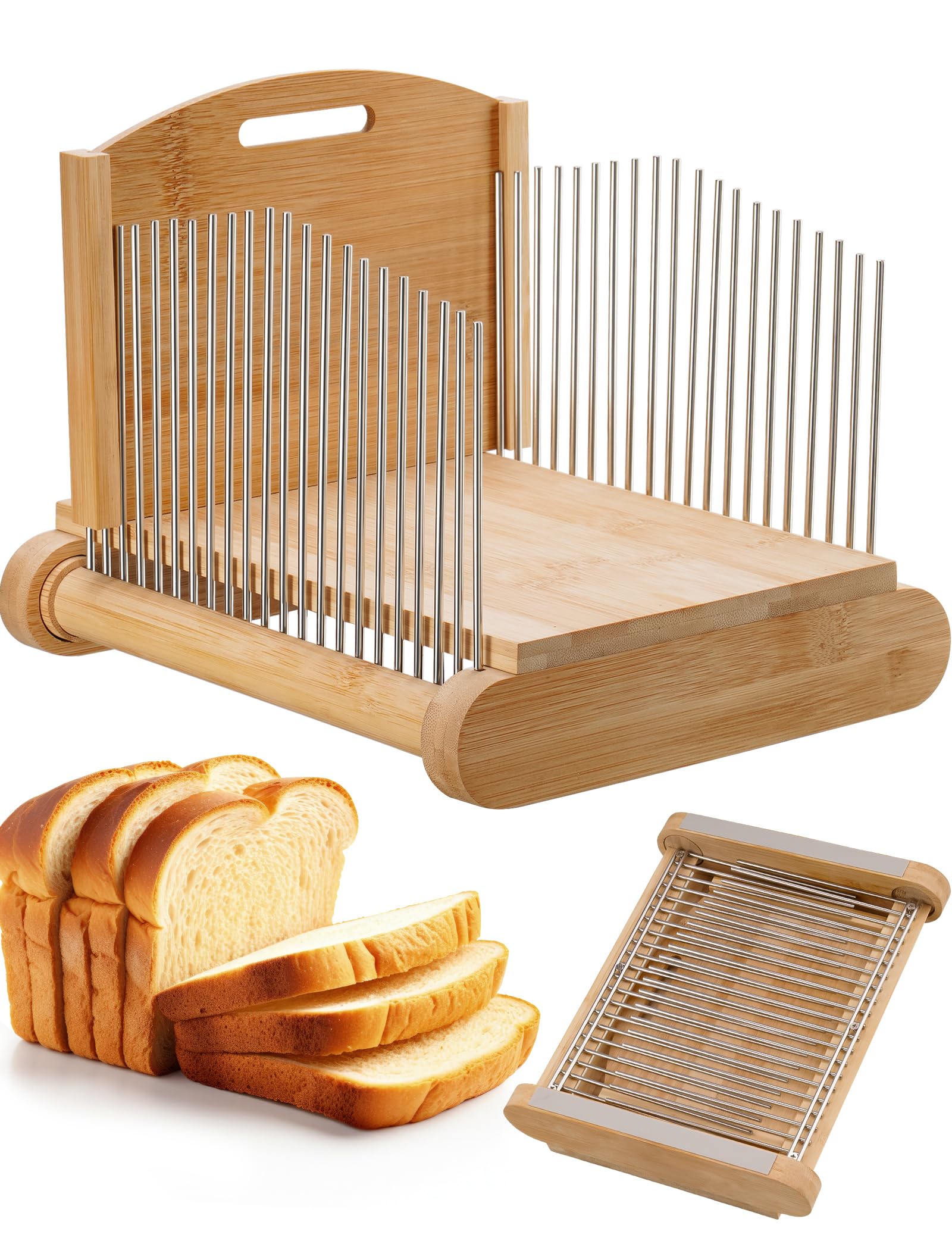 NiHome Bread Slicer for Homemade Bread, Bamboo, Steel, Foldable, Adjustable