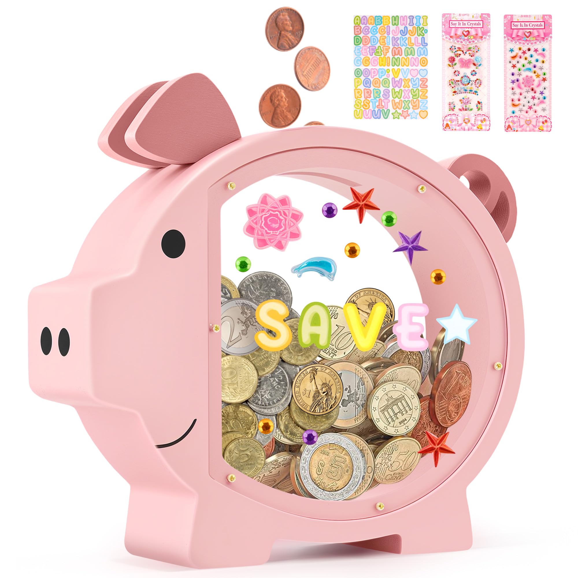 Pink Piggy Bank for Girls Money Saving,Wooden Piggy Bank for Kids,Unbreakable Piggy Bank with Letter Stickers,DIY Name Personalized Coin Bank for Children's Birthday Decor