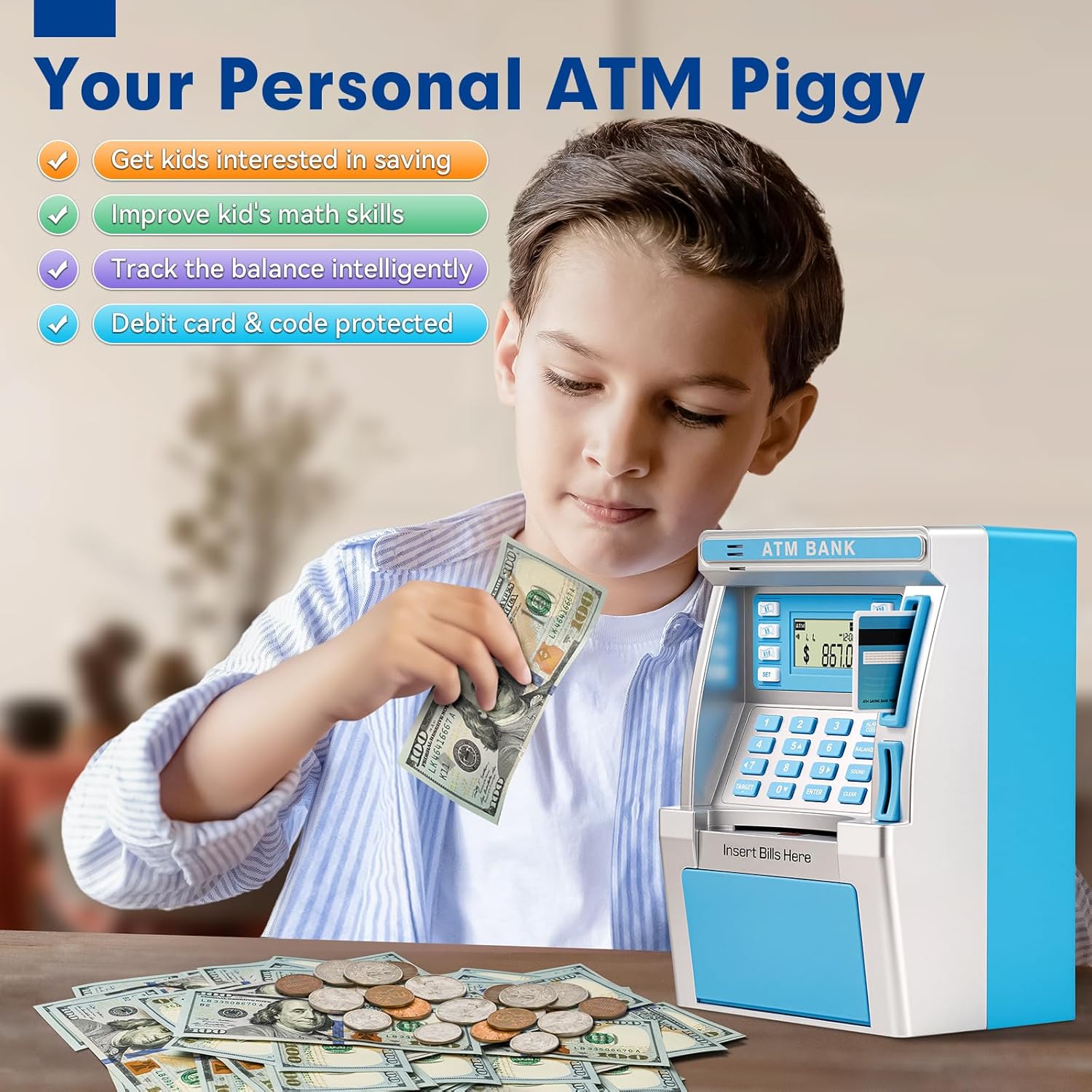BAODLON Blue Piggy Bank for Kids, ATM Machine Bank for Real Money with Debit Card, Bill Feeder, Coin Recognition, Balance Calculator, Electronic Savings Safe Box, Cool Stuff Toys Gifts for Teen Girl